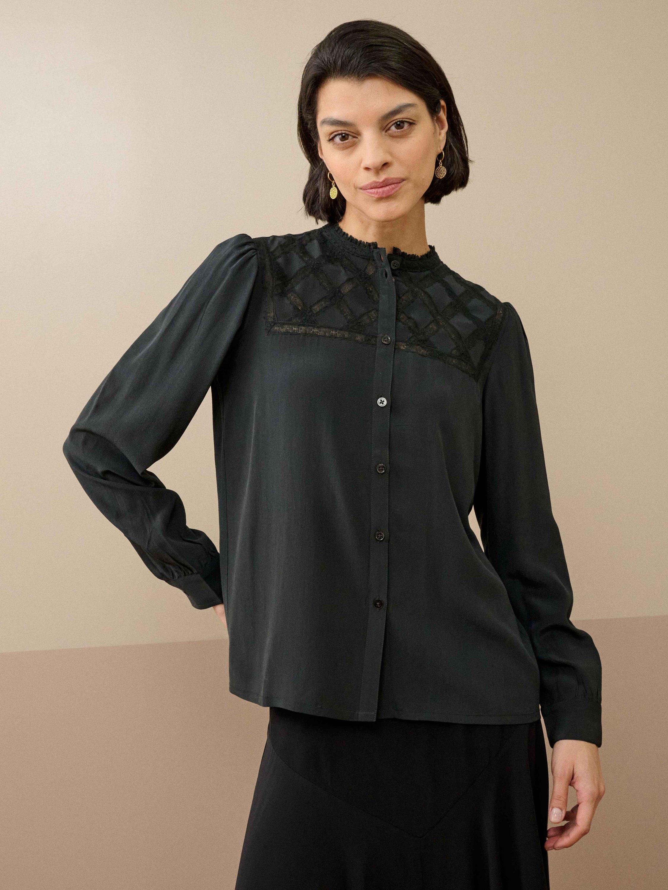 Product image 2 of 6, which shows Brora Silk Lace Yoke Shirt, Carbon, 6