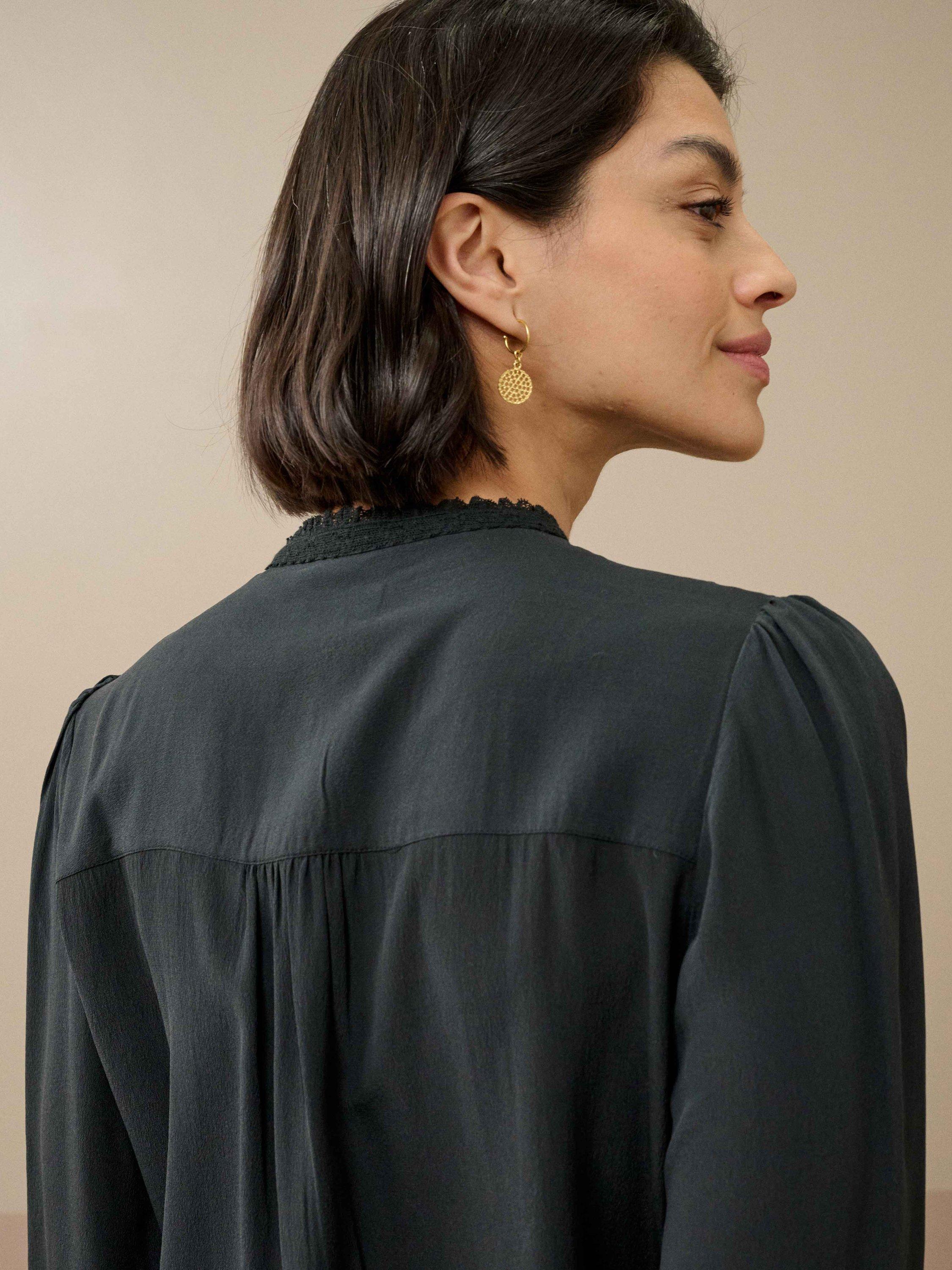 Product image 5 of 6, which shows Brora Silk Lace Yoke Shirt, Carbon, 6