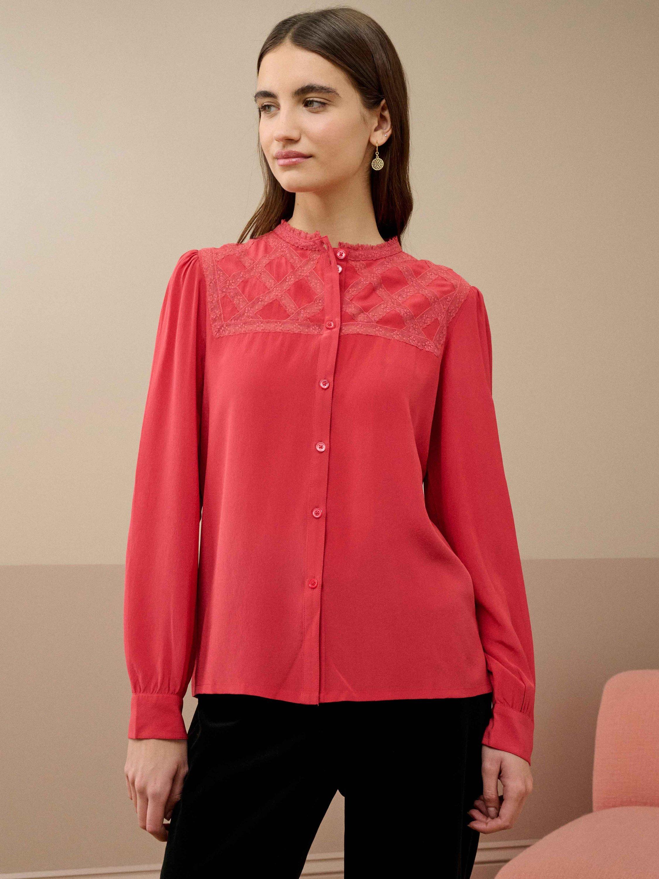 Product image 1 of 5, which shows Brora Silk Lace Yoke Shirt, Tomato, 6