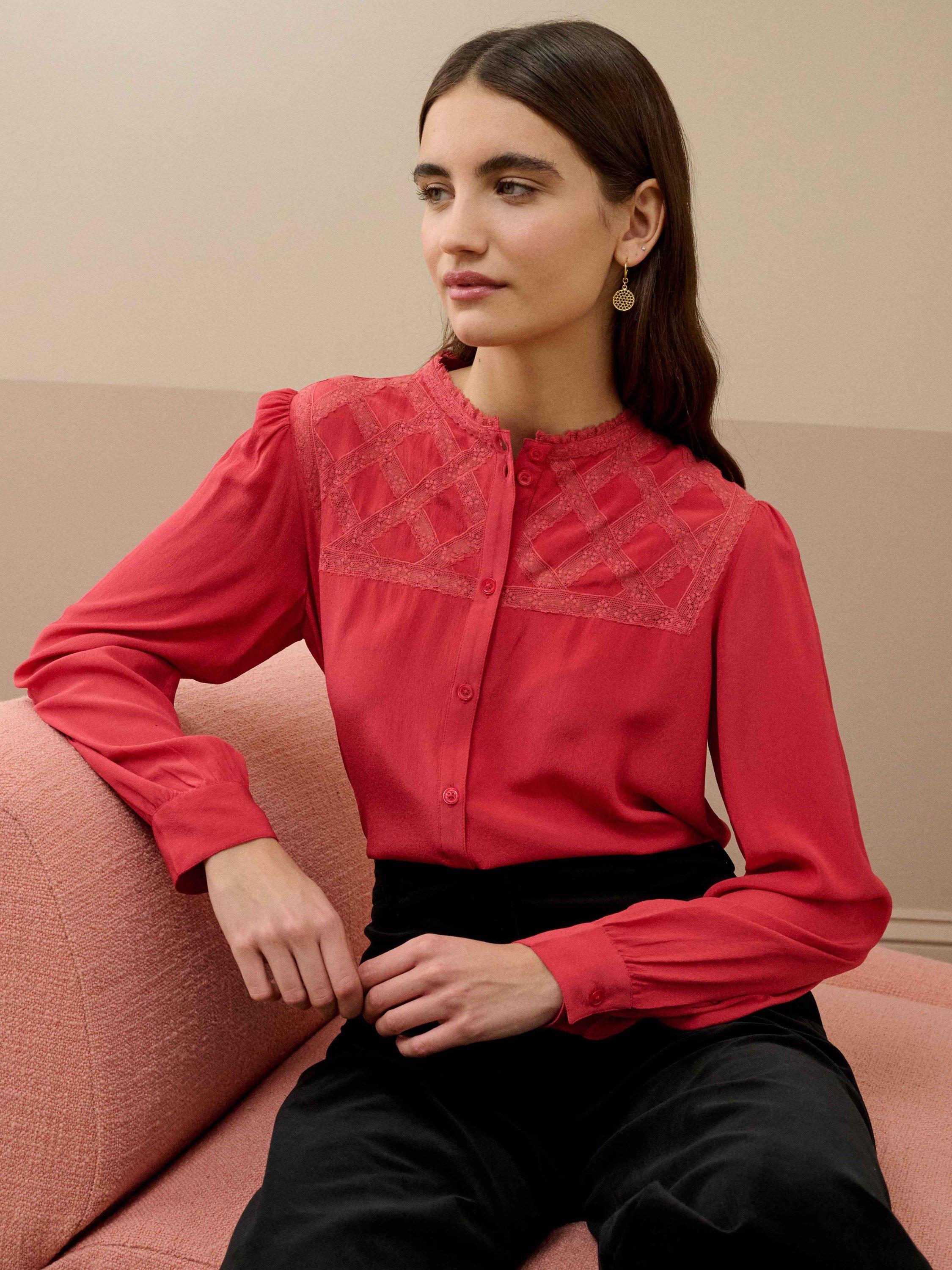 Product image 2 of 5, which shows Brora Silk Lace Yoke Shirt, Tomato, 6