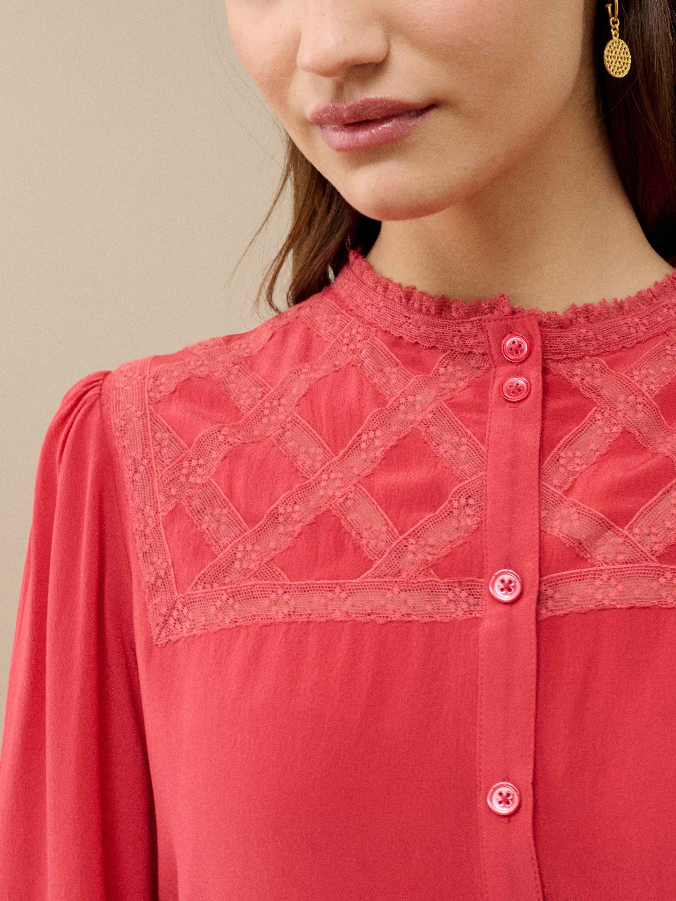 Product image 3 of 5, which shows Brora Silk Lace Yoke Shirt, Tomato, 6