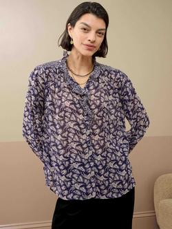 Brora Silk Patchwork Ruffle Blouse, Navy/Oyster, Navy/Oyster