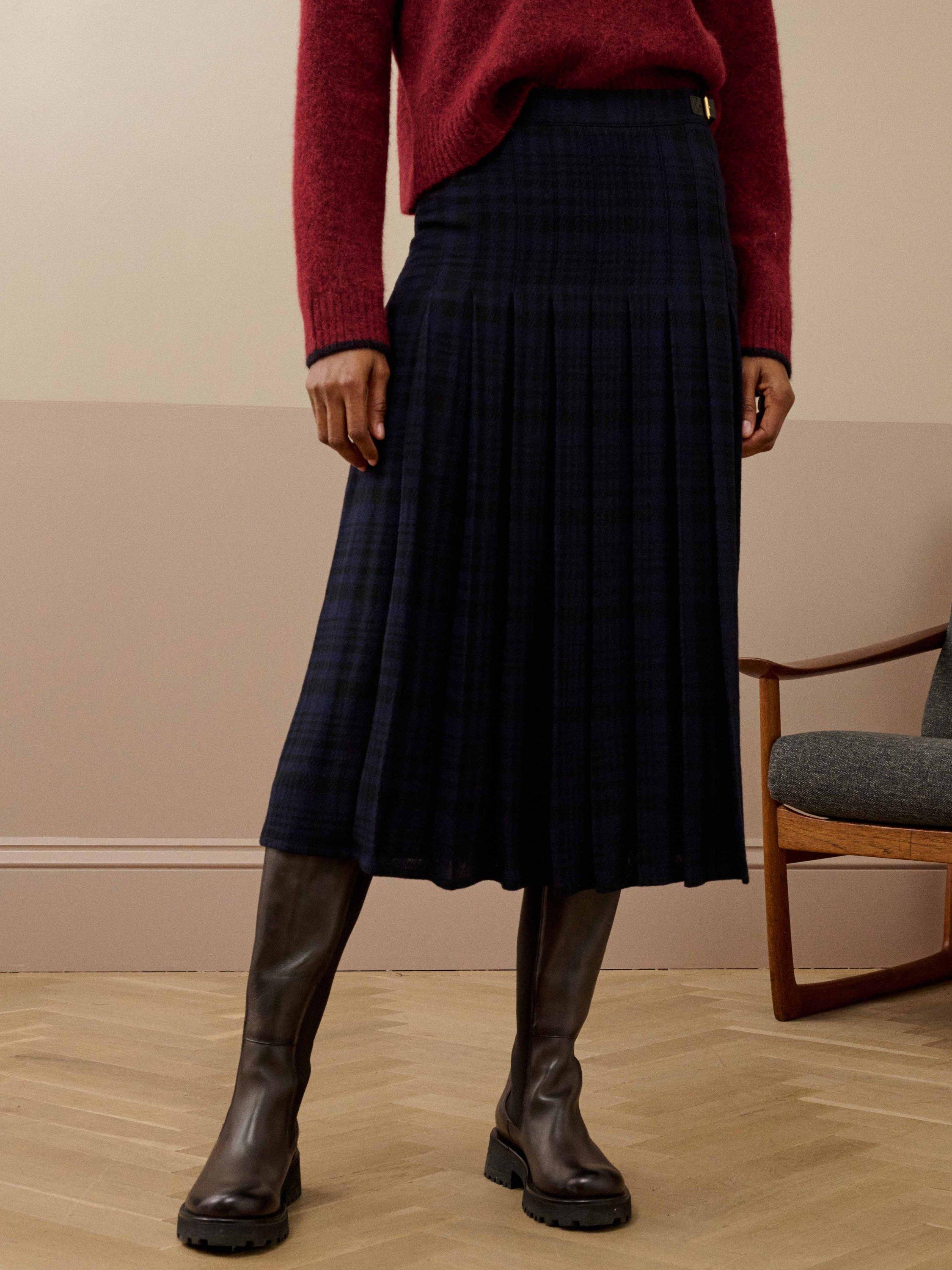 Brora Check Pleated Skirt, Navy/Black