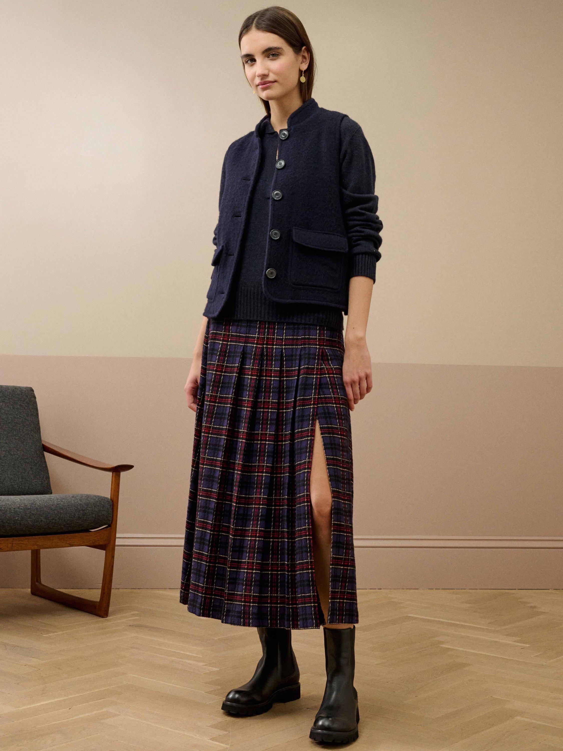 Product image 1 of 6, which shows Brora Plaid Pleated Wool Blend Mini Kilt Skirt , Navy/Ruby, 8