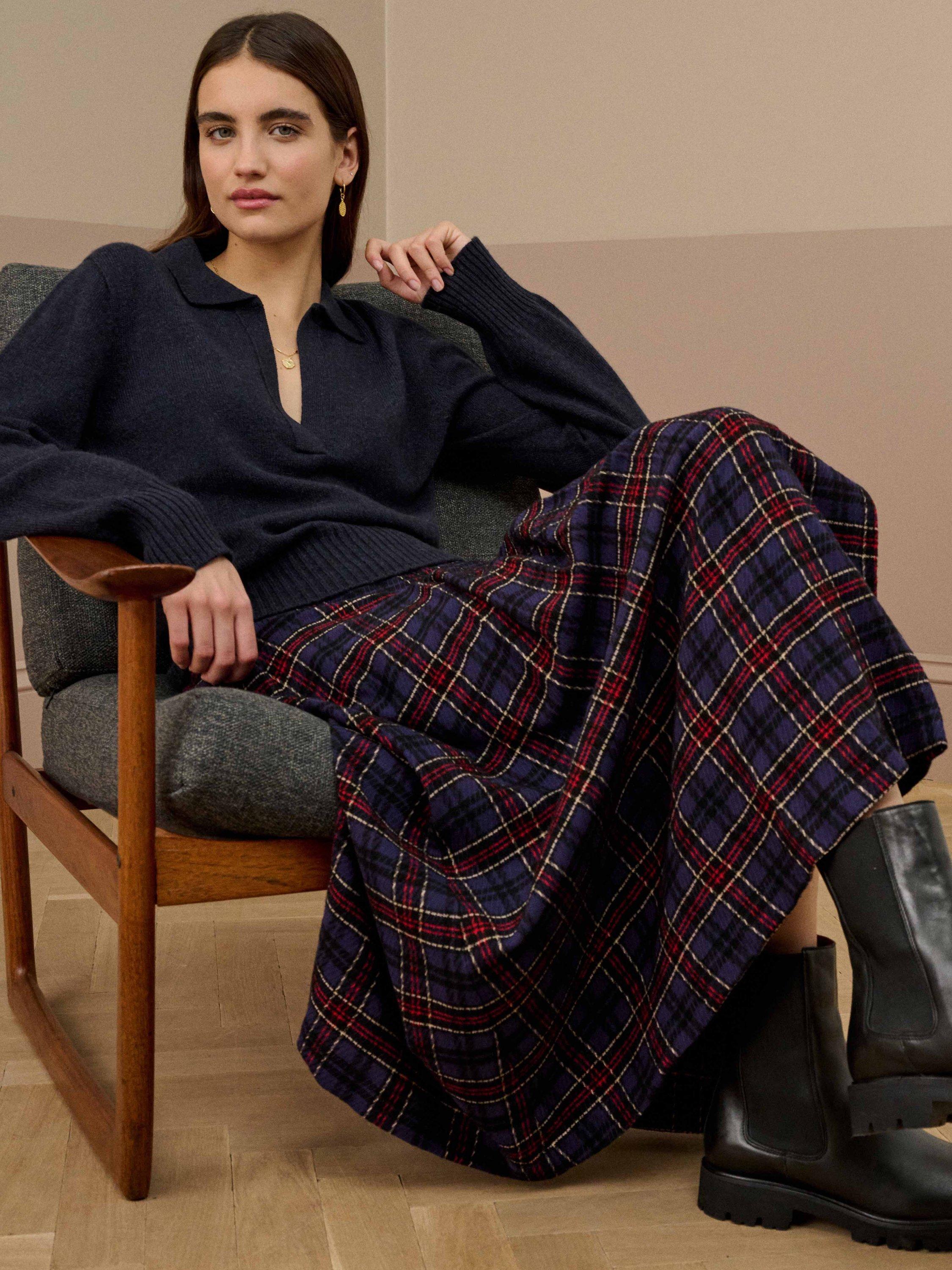 Product image 2 of 6, which shows Brora Plaid Pleated Wool Blend Mini Kilt Skirt , Navy/Ruby, 8