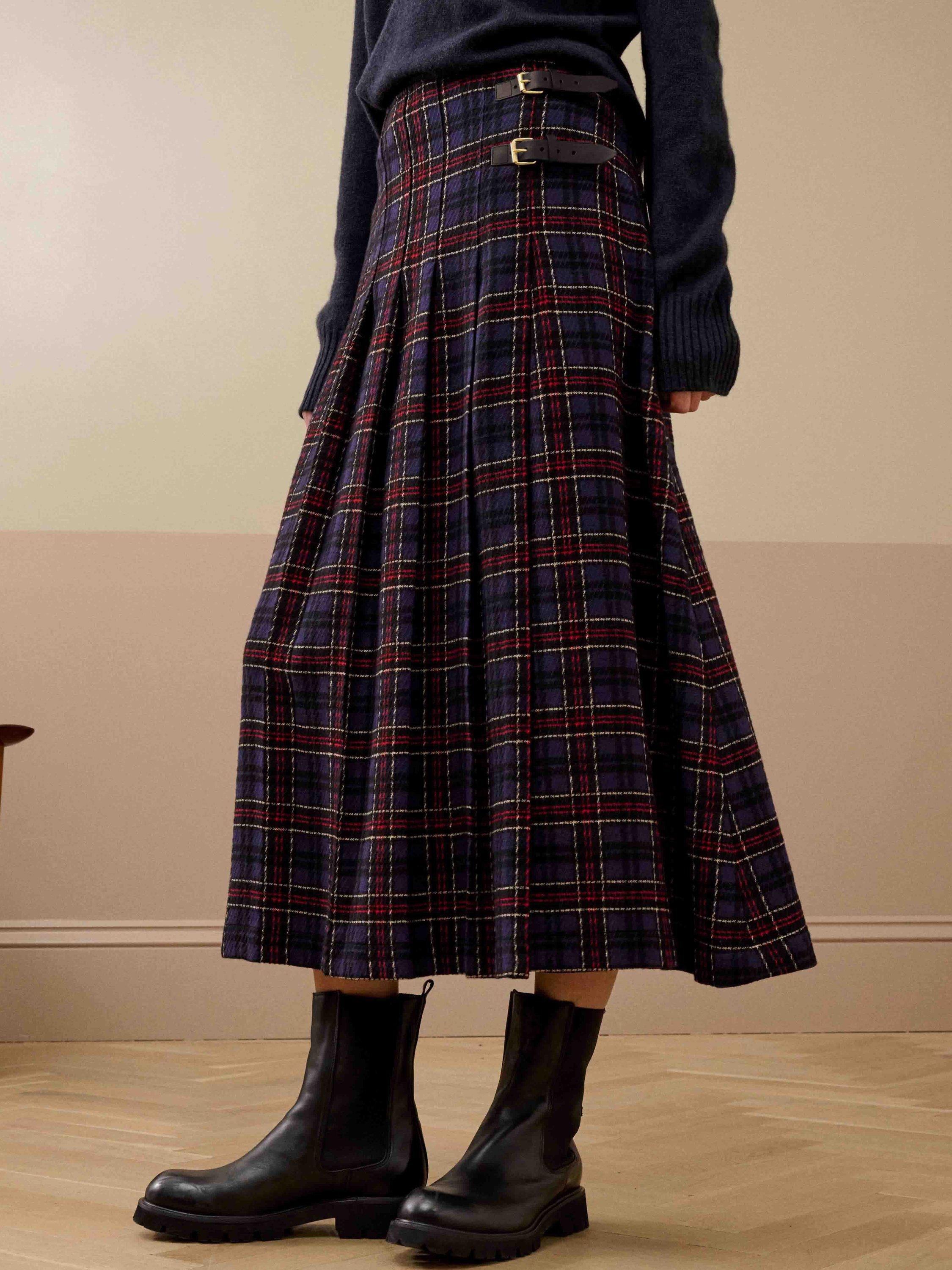 Product image 3 of 6, which shows Brora Plaid Pleated Wool Blend Mini Kilt Skirt , Navy/Ruby, 8