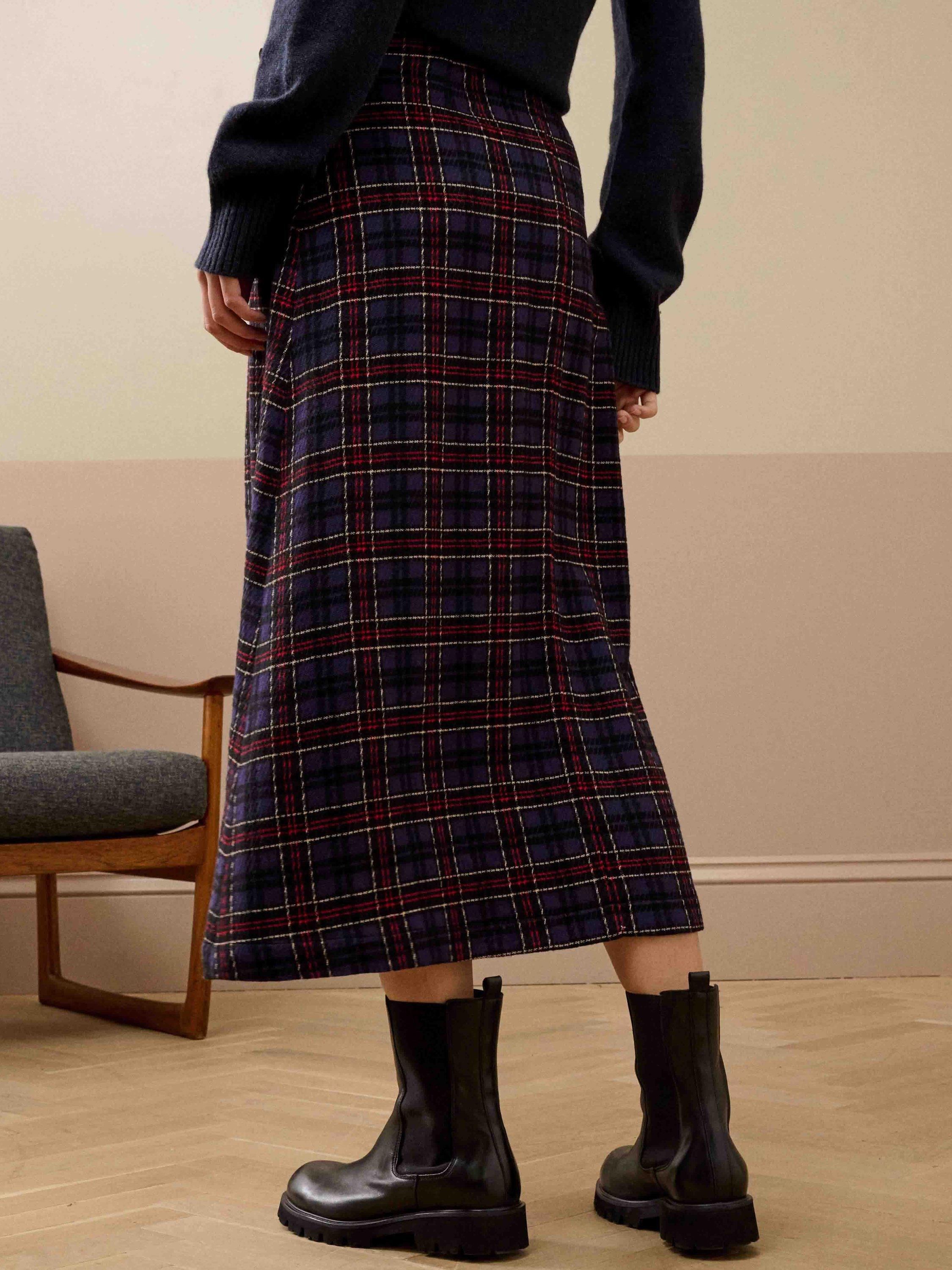 Product image 4 of 6, which shows Brora Plaid Pleated Wool Blend Mini Kilt Skirt , Navy/Ruby, 8