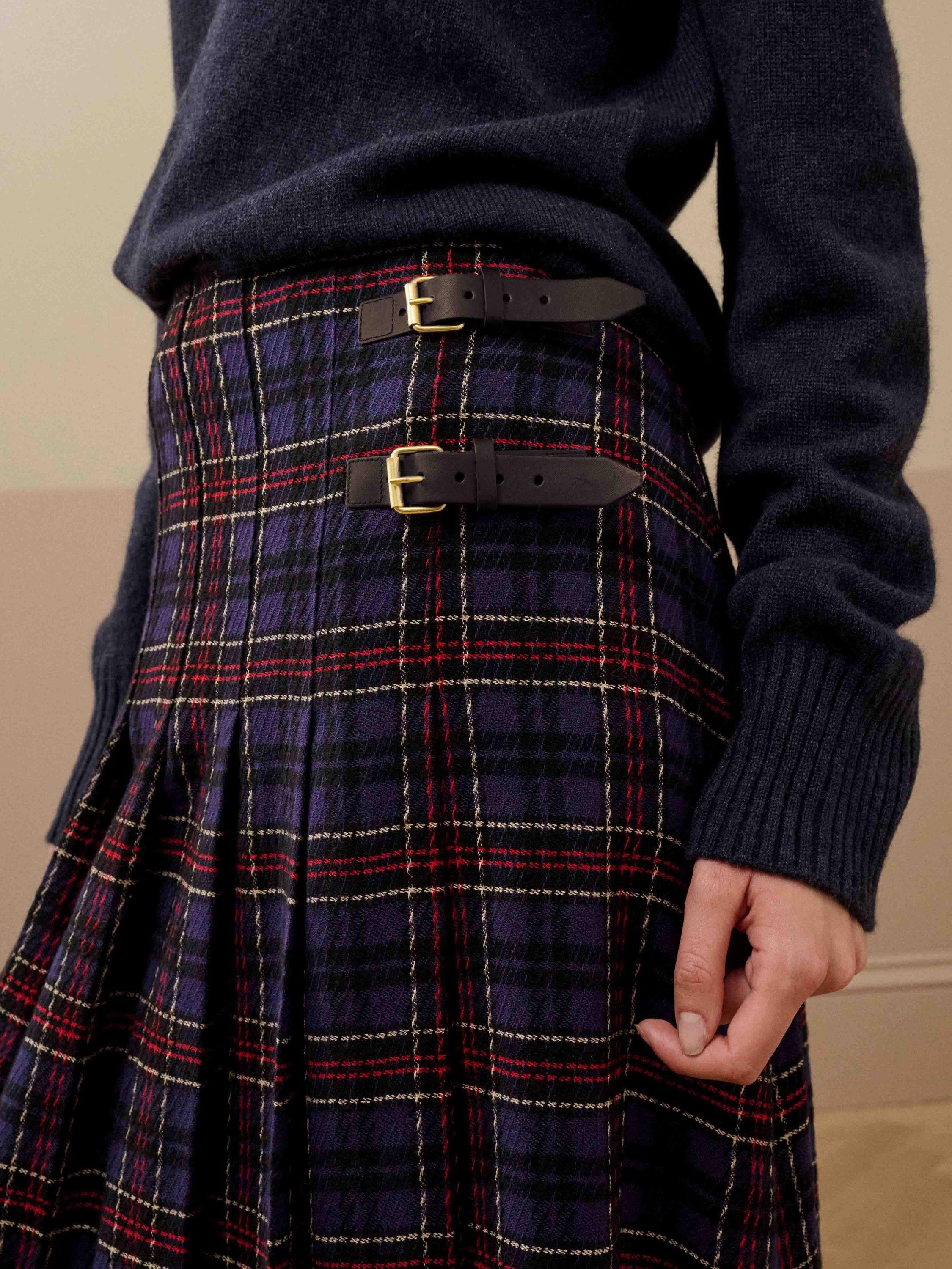 Product image 5 of 6, which shows Brora Plaid Pleated Wool Blend Mini Kilt Skirt , Navy/Ruby, 8