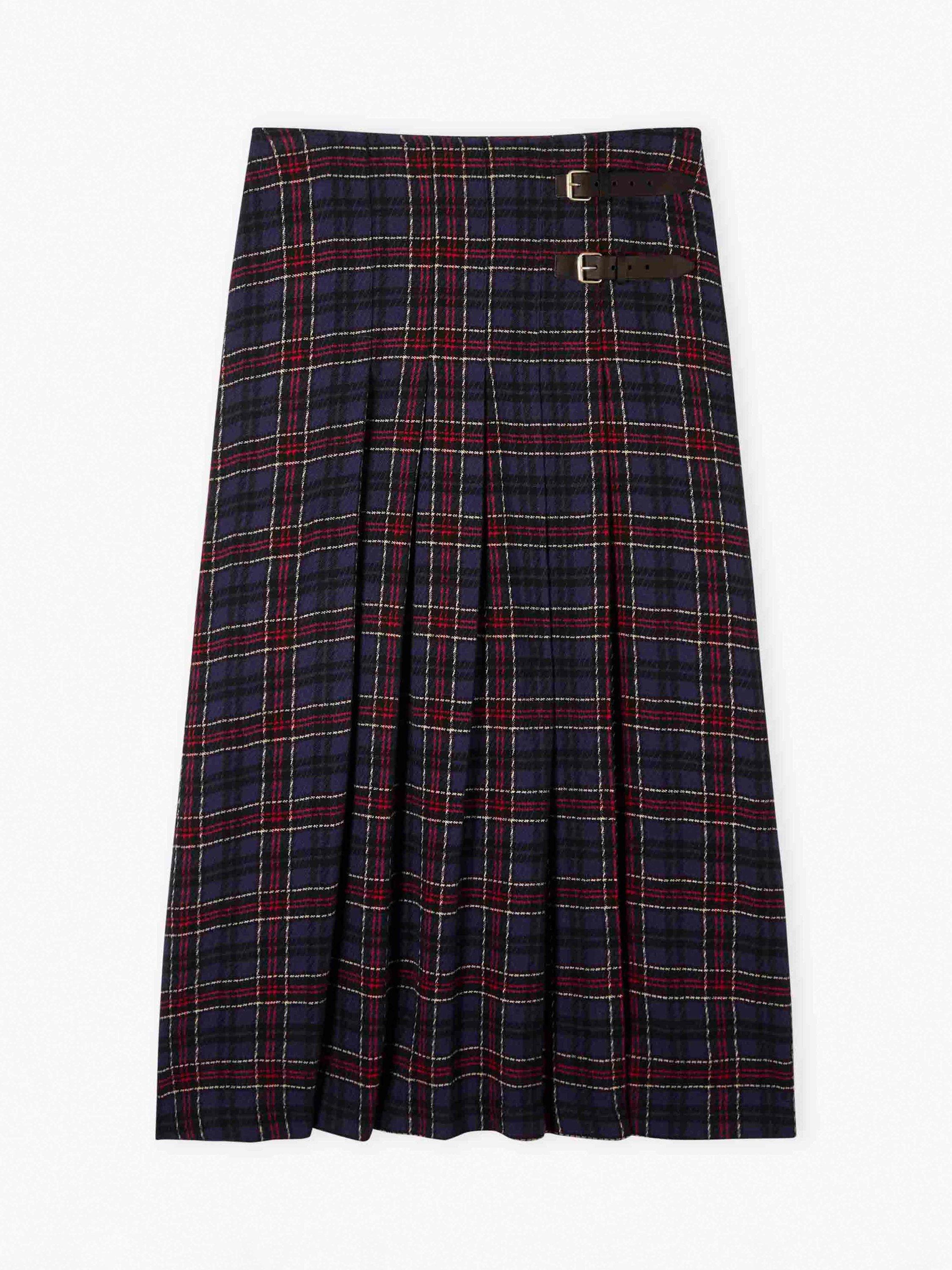 Product image 6 of 6, which shows Brora Plaid Pleated Wool Blend Mini Kilt Skirt , Navy/Ruby, 8