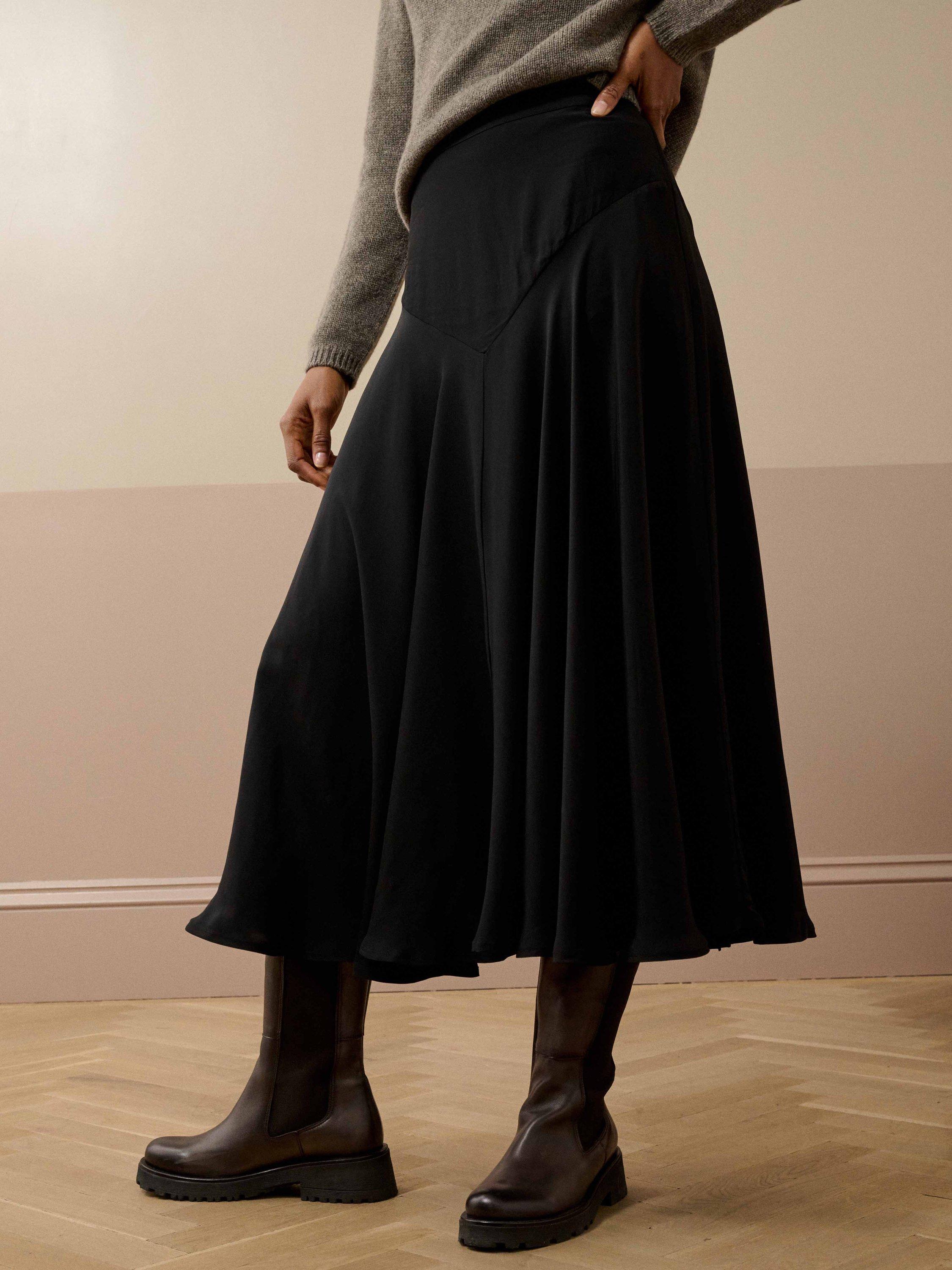 Product image 2 of 5, which shows Brora Satin-Backed Crepe A-Line Midi Skirt, Black, 8