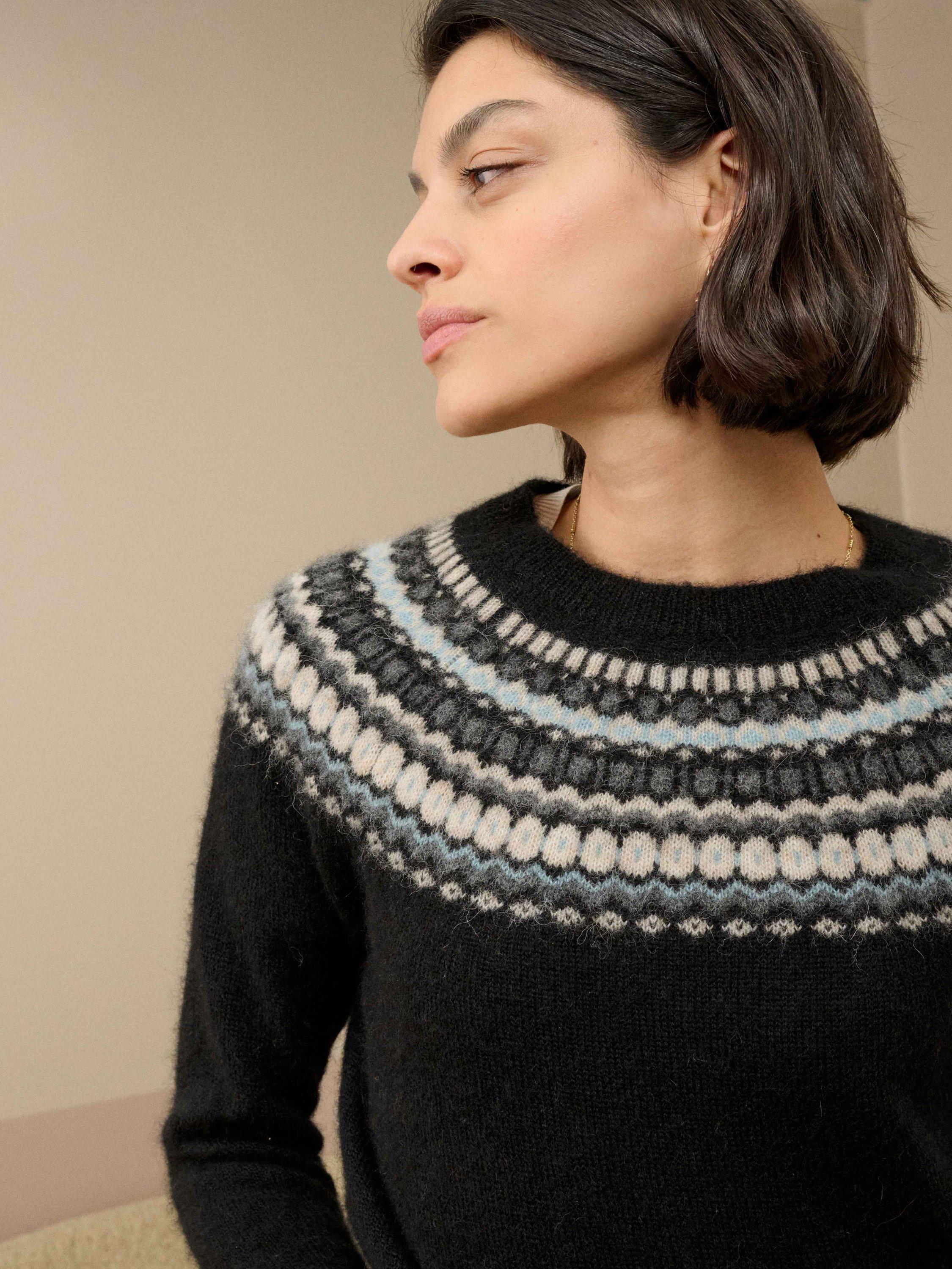 Product image 4 of 5, which shows Brora Alpaca-Merino Wool Blend Fair Isle Yoke Jumper, Black, 8-10