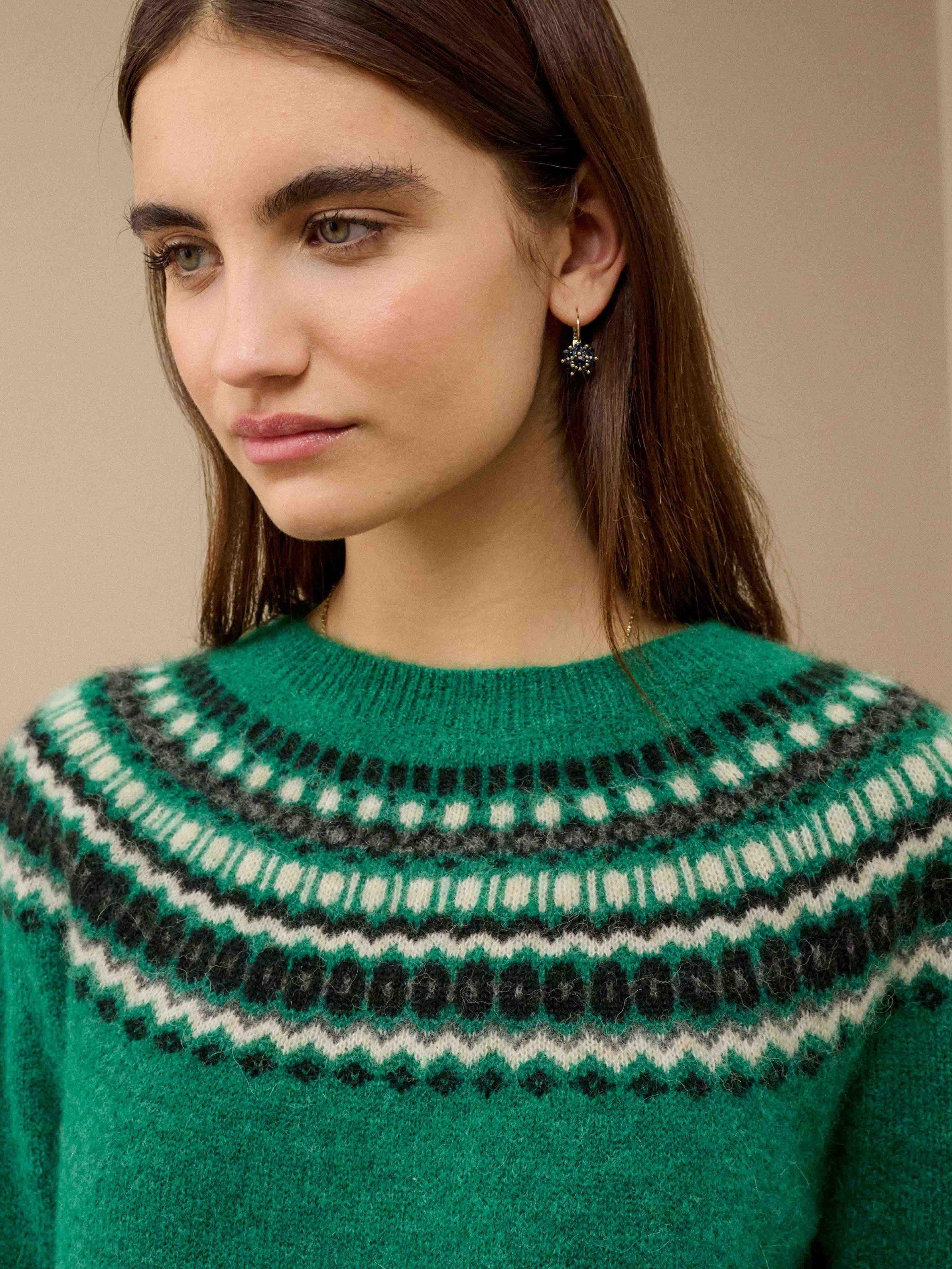 Product image 4 of 5, which shows Brora Alpaca-Merino Wool Blend Fair Isle Yoke Jumper, Emerald, 8-10