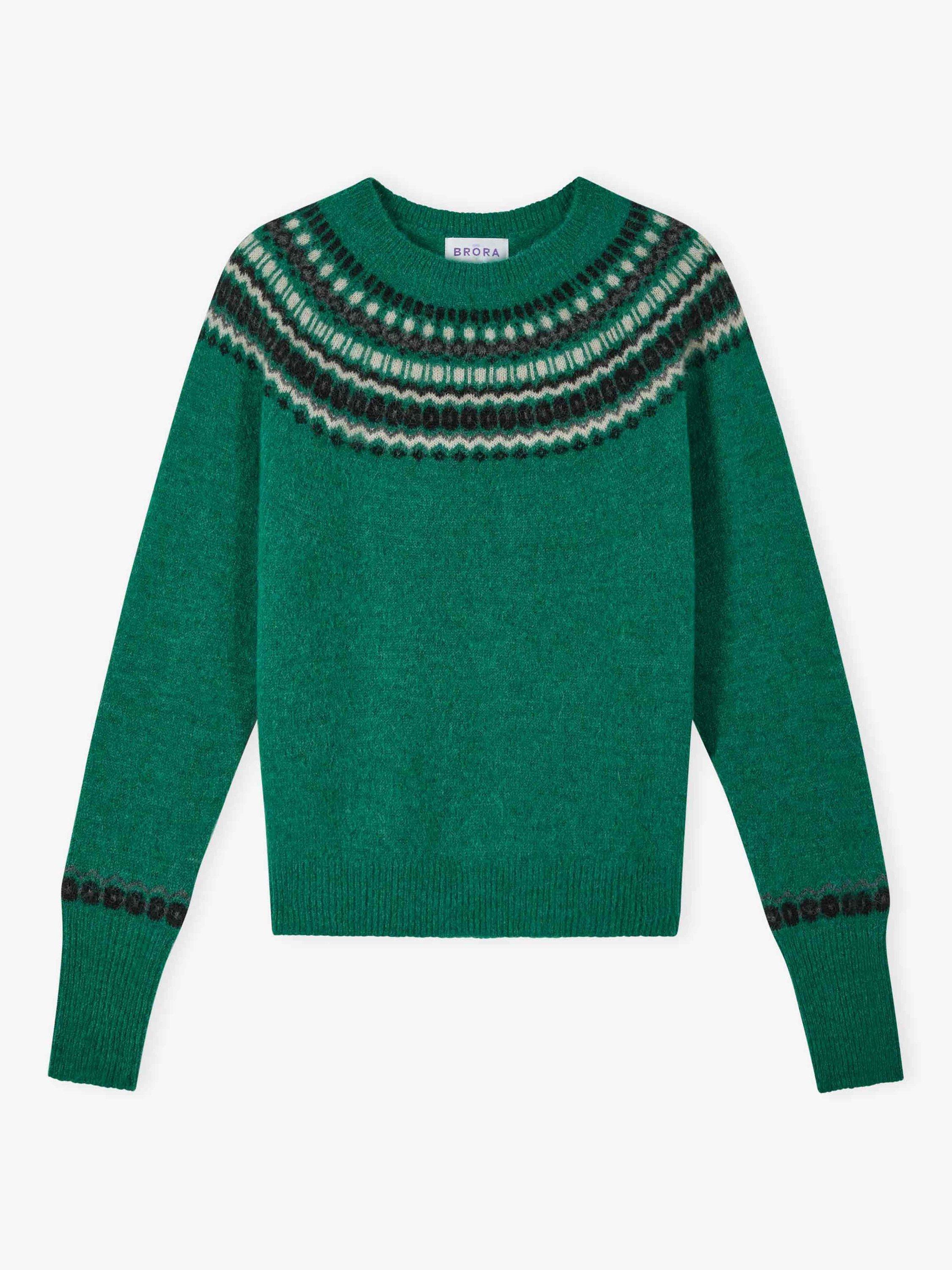 Product image 5 of 5, which shows Brora Alpaca-Merino Wool Blend Fair Isle Yoke Jumper, Emerald, 8-10
