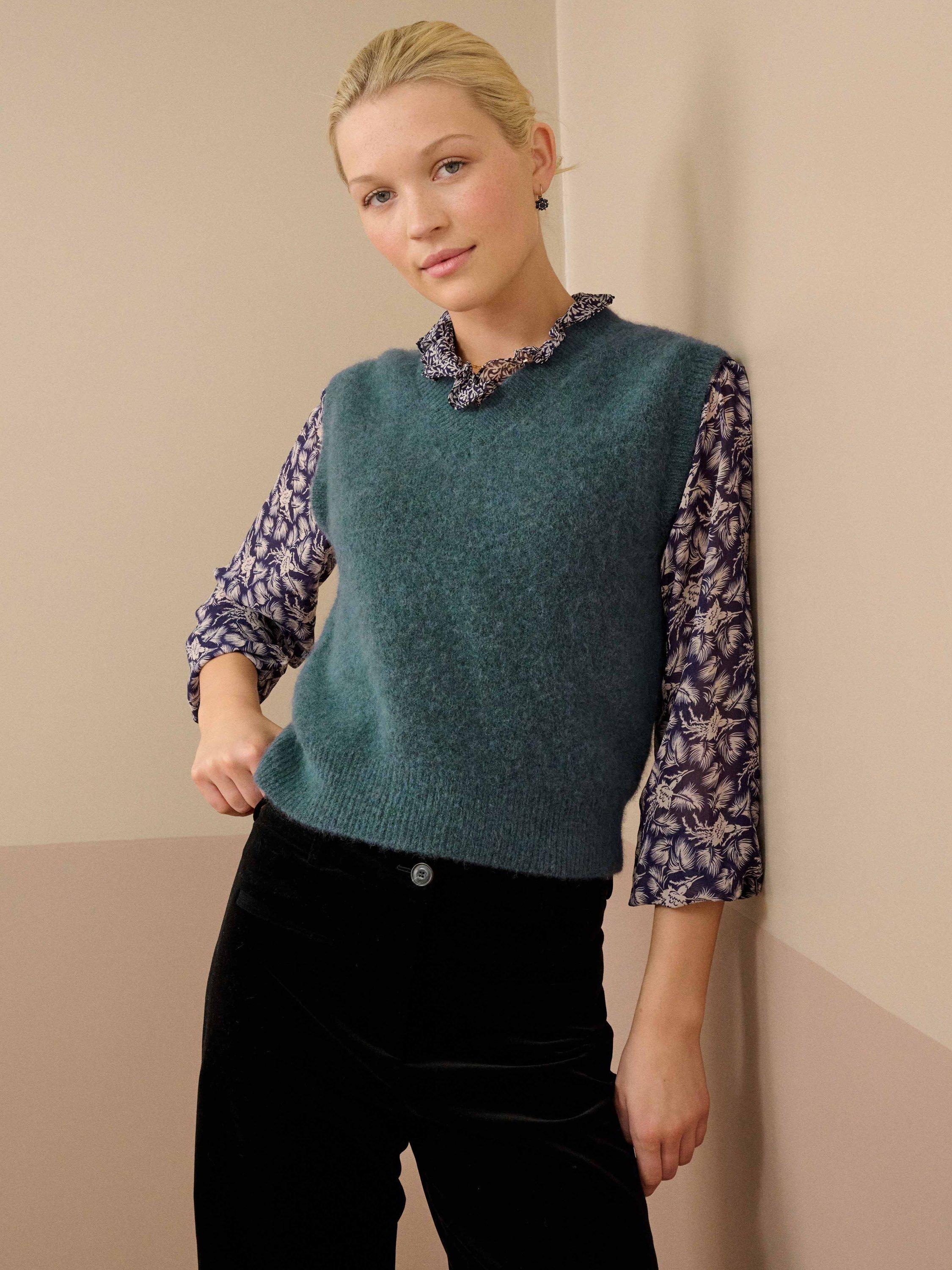 Product image 2 of 5, which shows Brora Alpaca-Merino Wool Blend V-Neck Tank, Airforce, 8-10