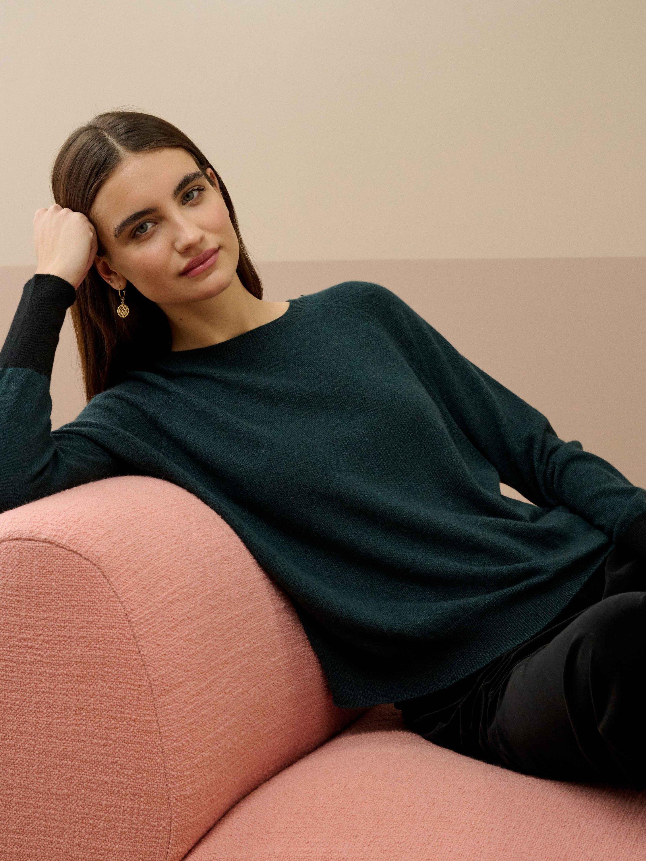 Product image 2 of 4, which shows Brora Cashmere Batwing Jumper, Ivy/Black, 8-10