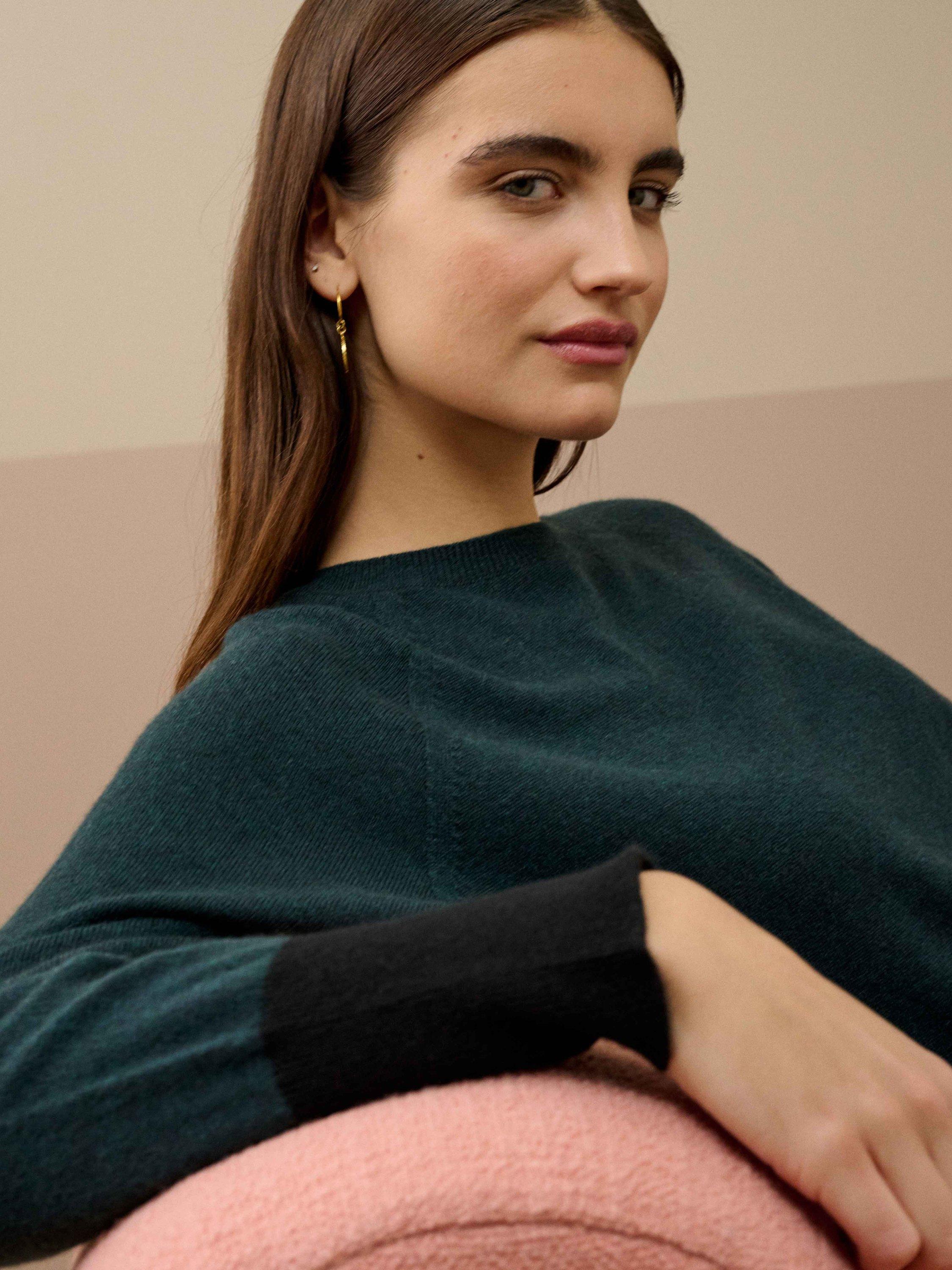 Product image 3 of 4, which shows Brora Cashmere Batwing Jumper, Ivy/Black, 8-10