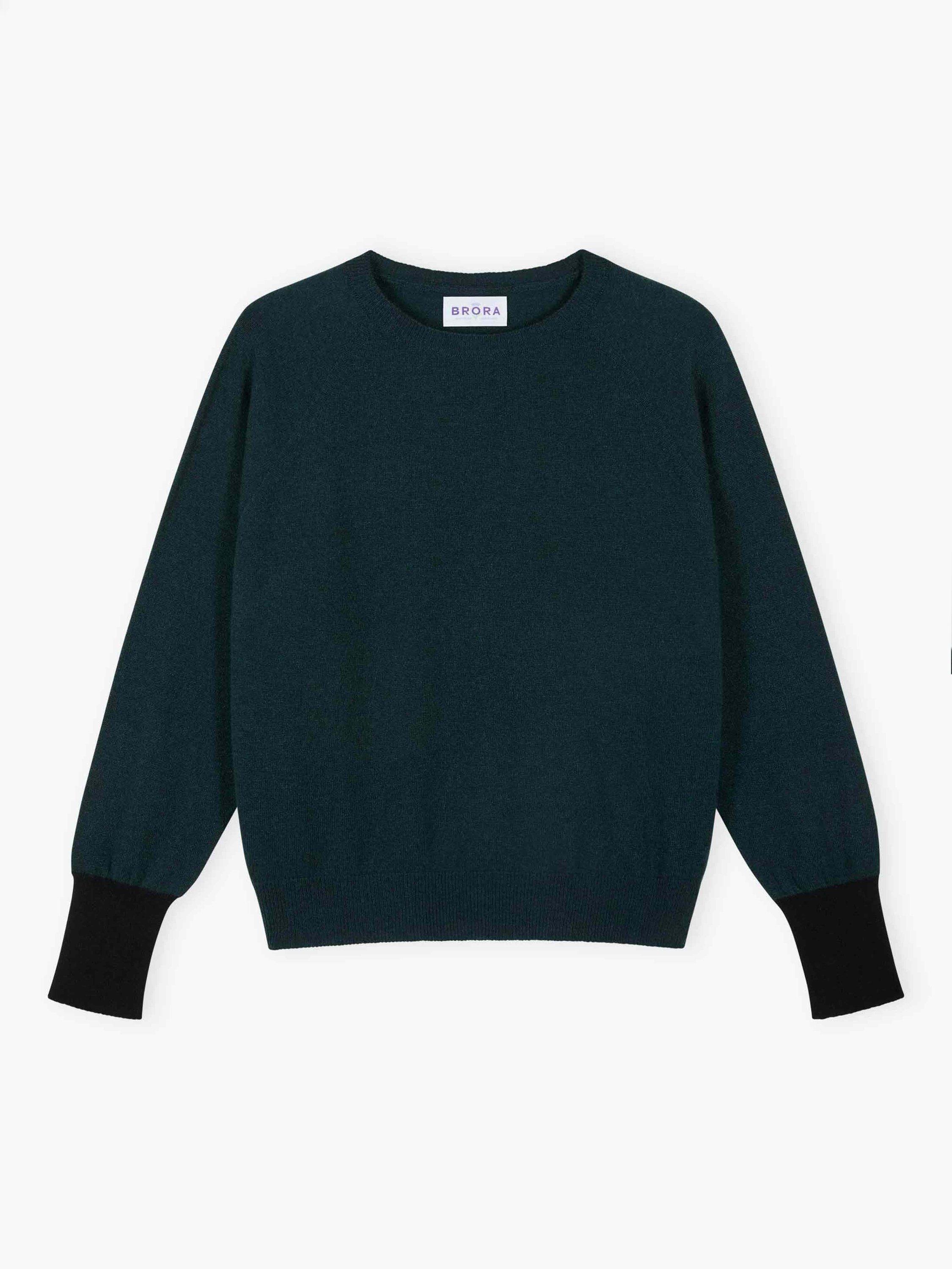 Product image 4 of 4, which shows Brora Cashmere Batwing Jumper, Ivy/Black, 8-10