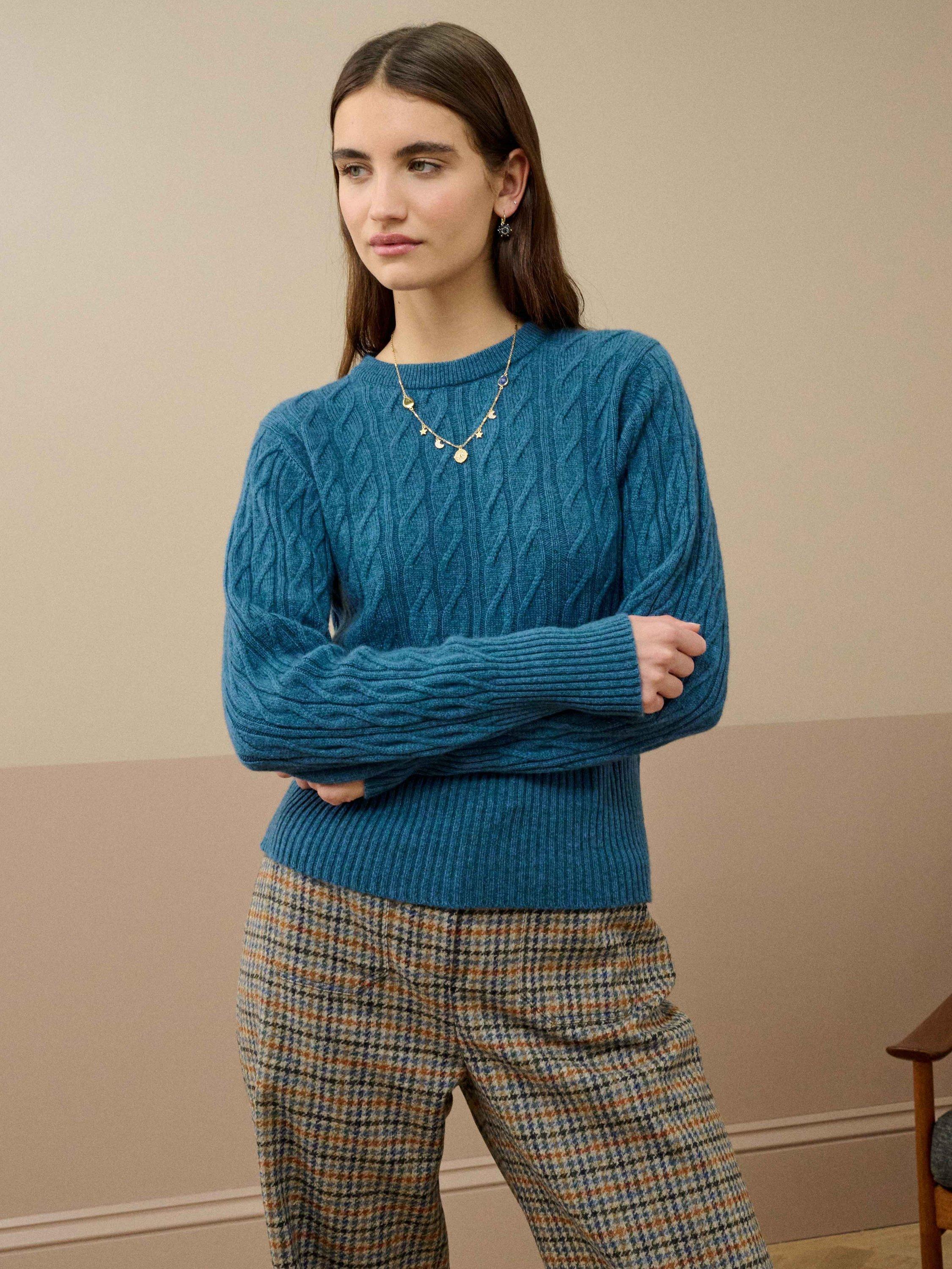 Product image 1 of 4, which shows Brora Cashmere Cable Knit Crew Neck Jumper, Jay, 10