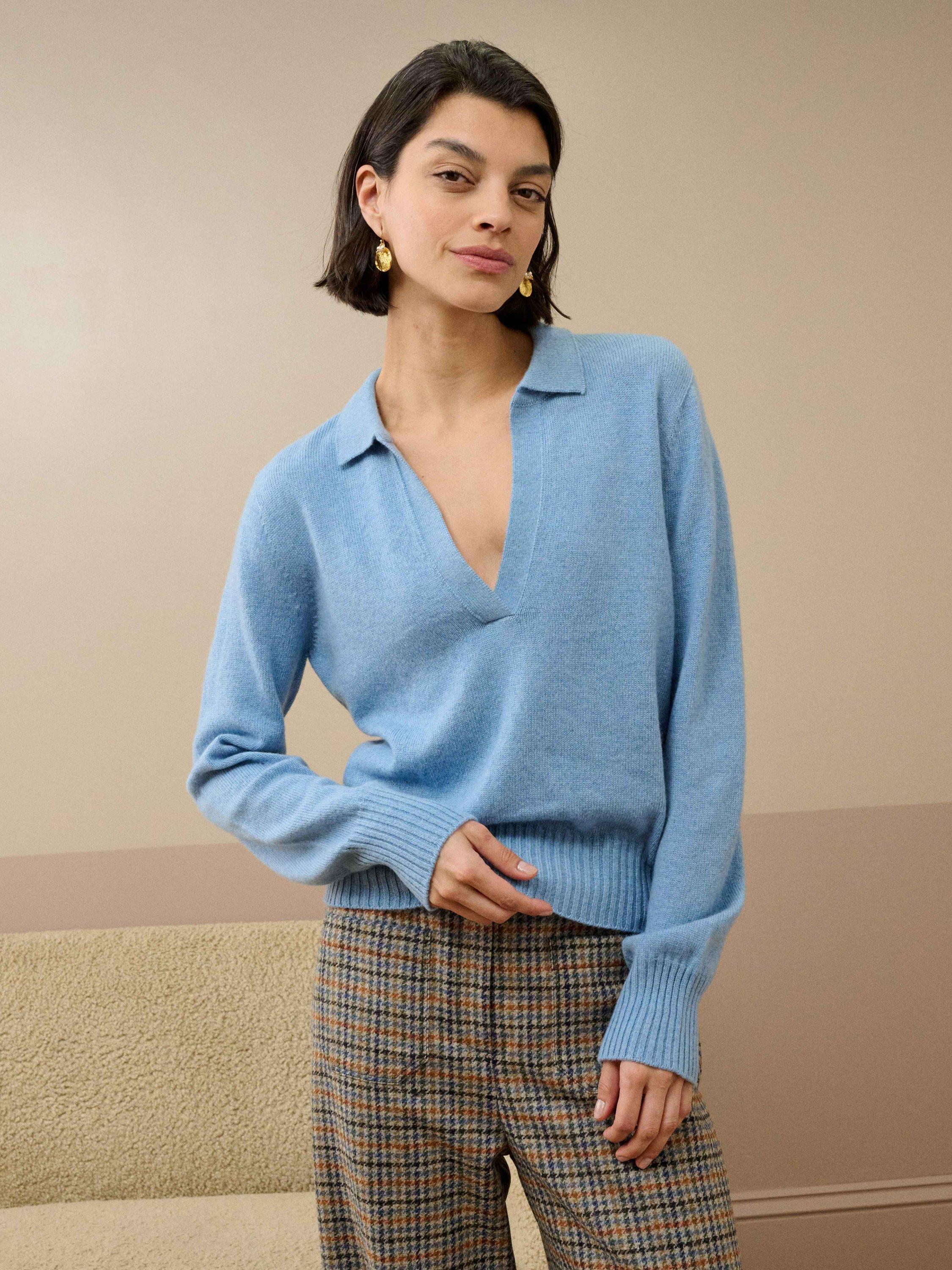 Product image 1 of 4, which shows Brora Cashmere Collared V-Neck Jumper, Wedgewood, 16