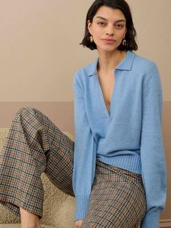 Brora Cashmere Collared V-Neck Jumper, Wedgewood - view 2, Wedgewood