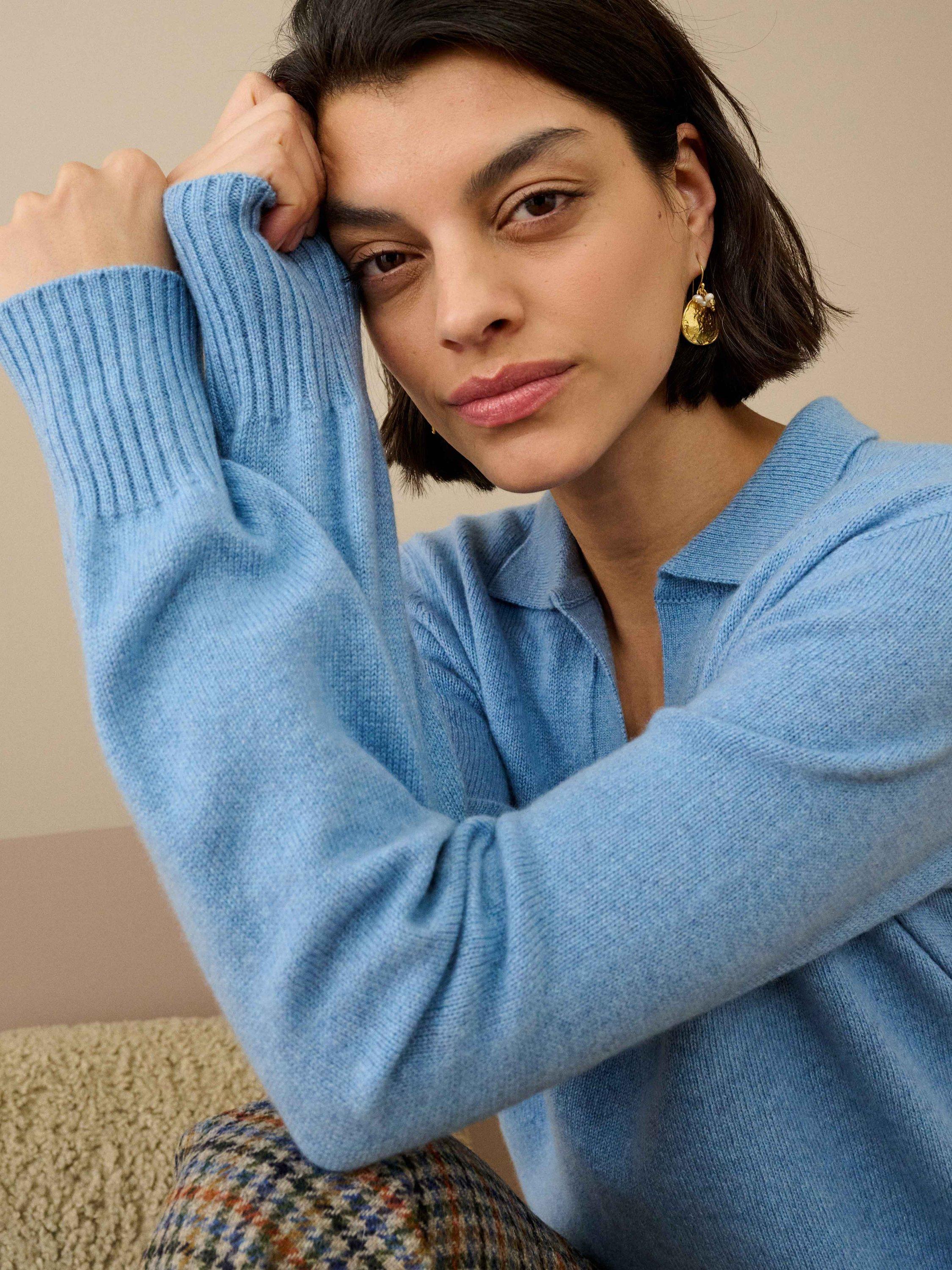 Product image 3 of 4, which shows Brora Cashmere Collared V-Neck Jumper, Wedgewood, 16