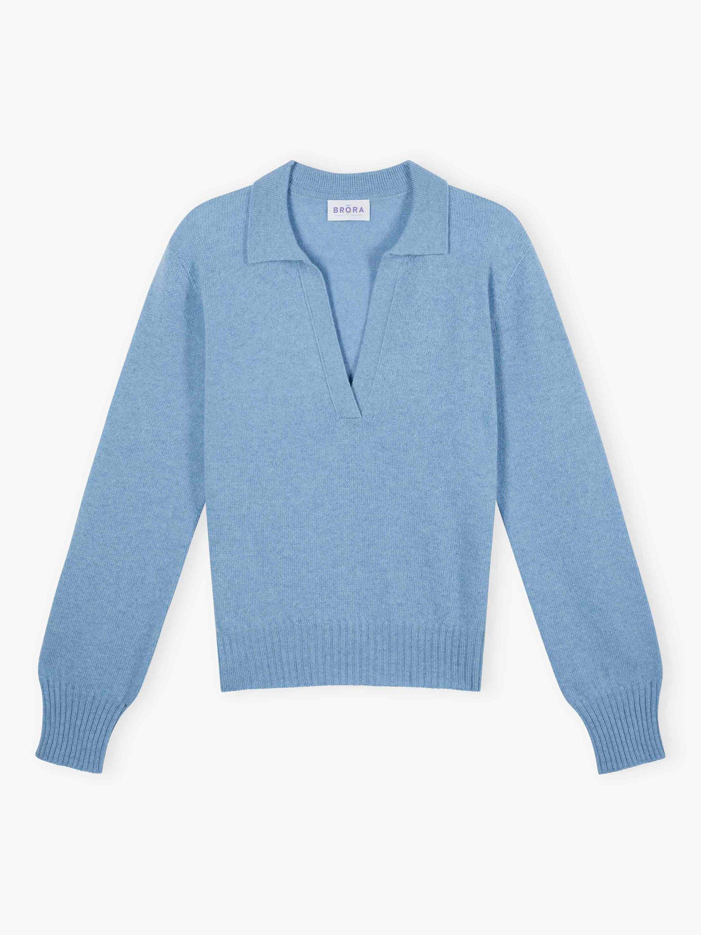 Product image 4 of 4, which shows Brora Cashmere Collared V-Neck Jumper, Wedgewood, 16