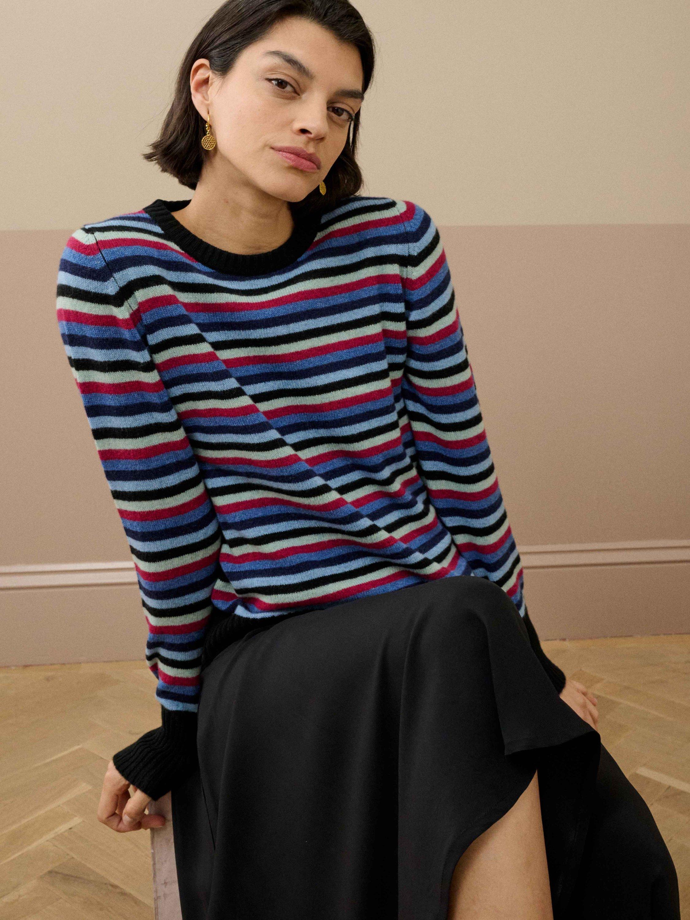 Product image 1 of 4, which shows Brora Stripe Pure Cashmere Jumper, Multi, 16-18