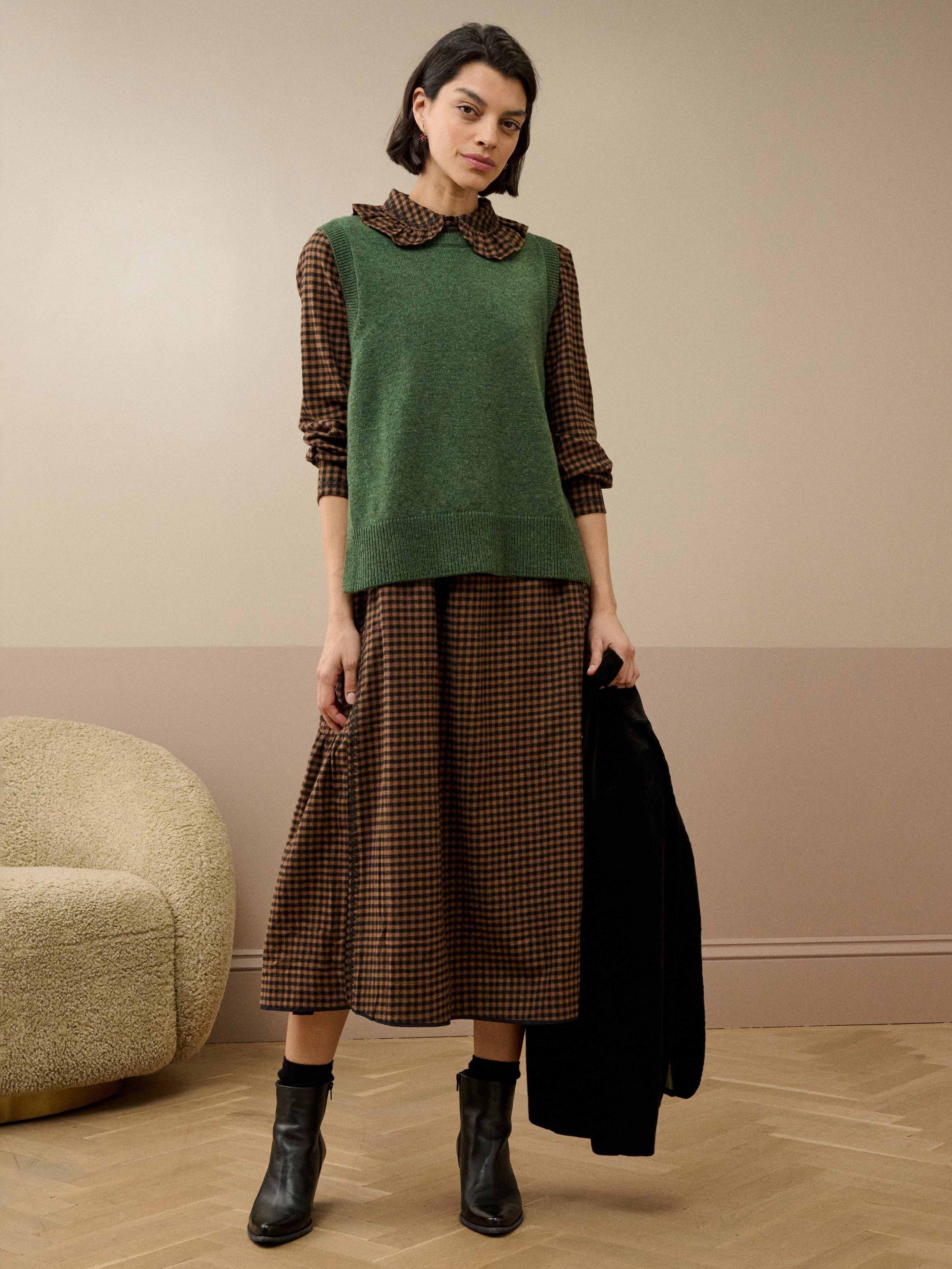 Product image 1 of 5, which shows Brora Lamswool Round Neck Sleeveless Tank Top, Tarragon, 8-10