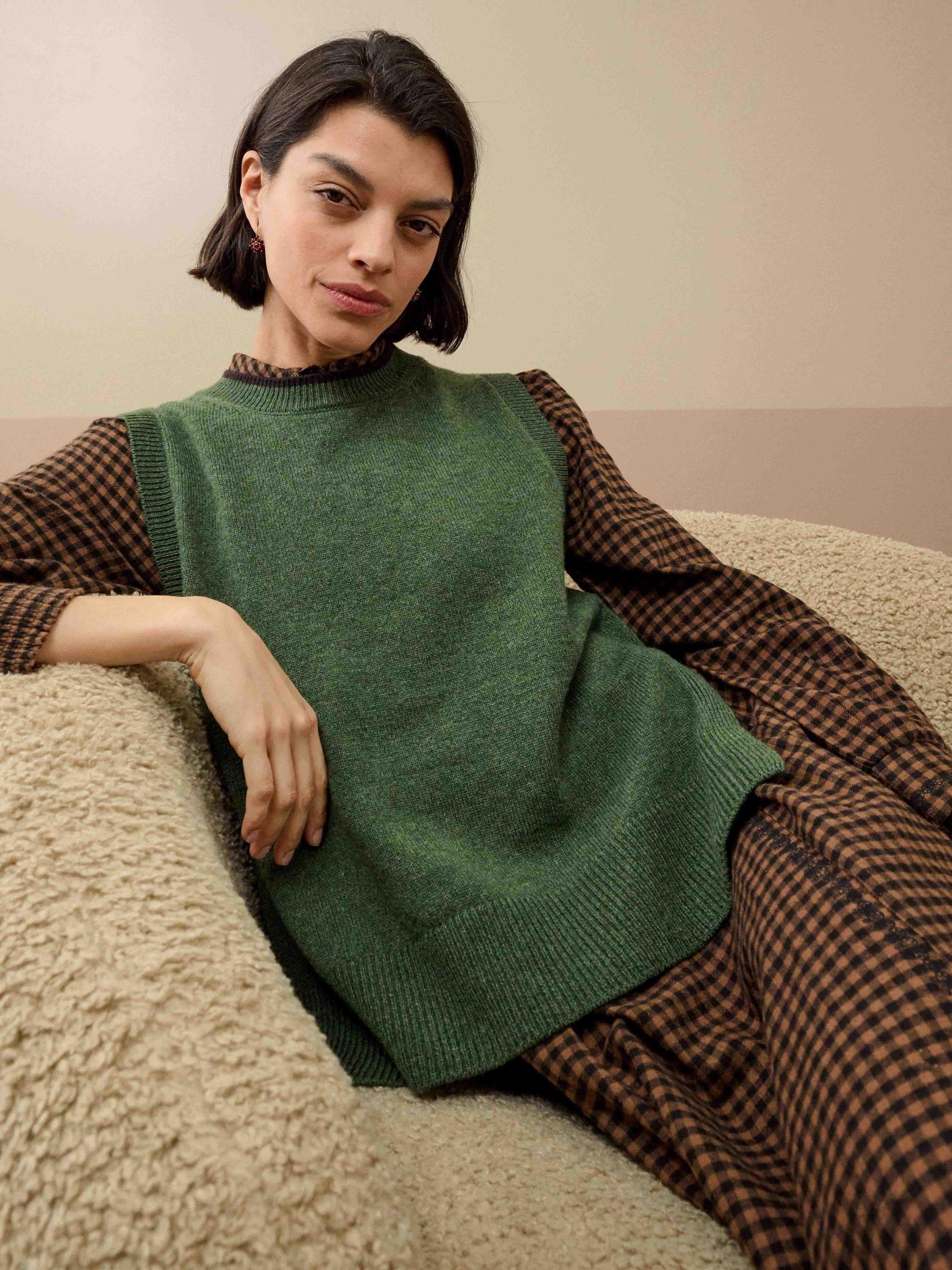 Product image 2 of 5, which shows Brora Lamswool Round Neck Sleeveless Tank Top, Tarragon, 8-10