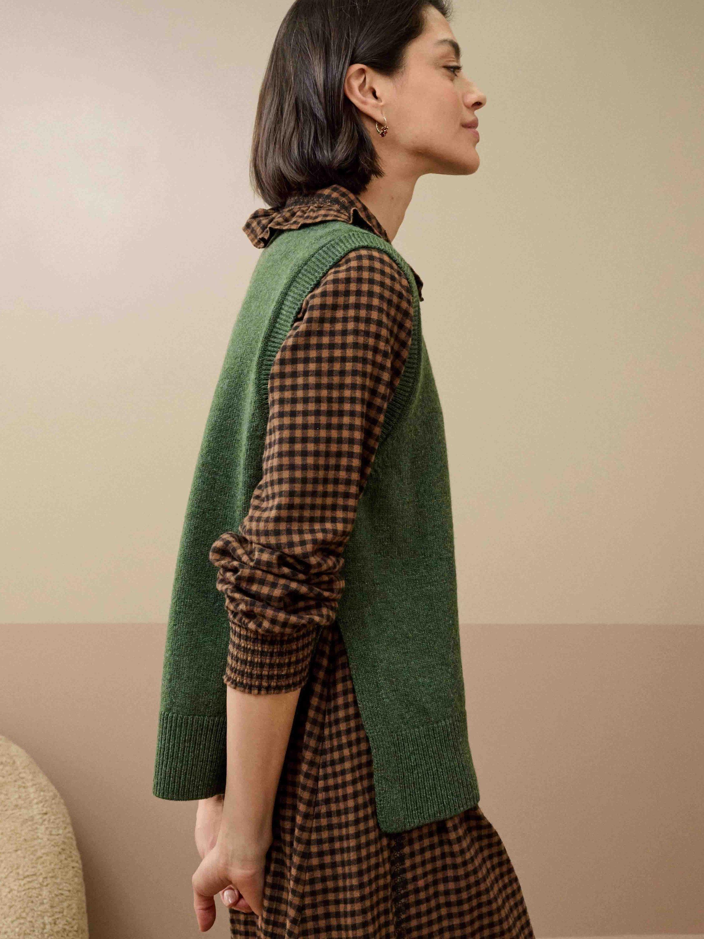 Product image 3 of 5, which shows Brora Lamswool Round Neck Sleeveless Tank Top, Tarragon, 8-10