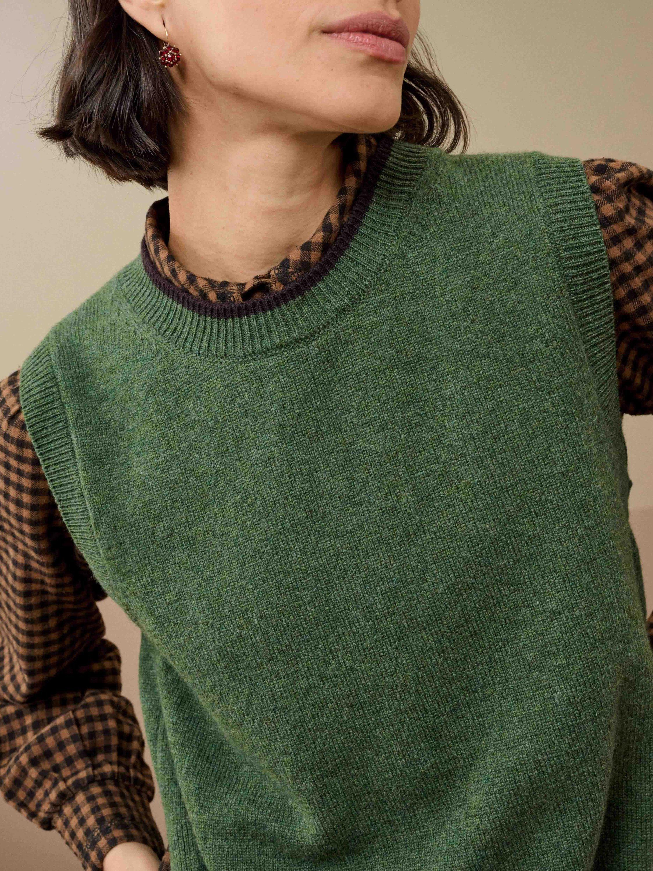 Product image 4 of 5, which shows Brora Lamswool Round Neck Sleeveless Tank Top, Tarragon, 8-10