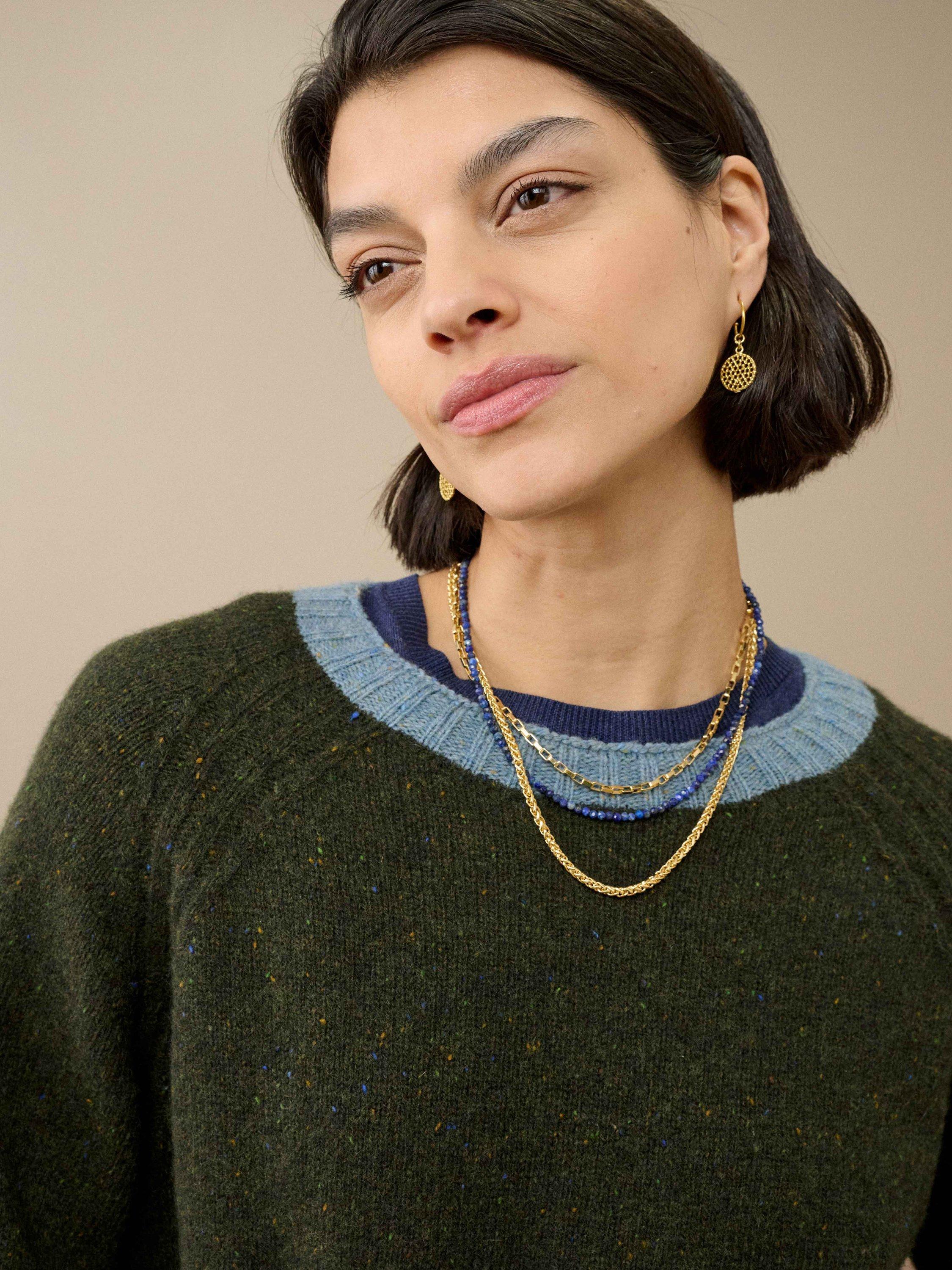 Product image 2 of 5, which shows Brora Colour Block Pure Wool Jumper, Loden/Nimbus, 8-10