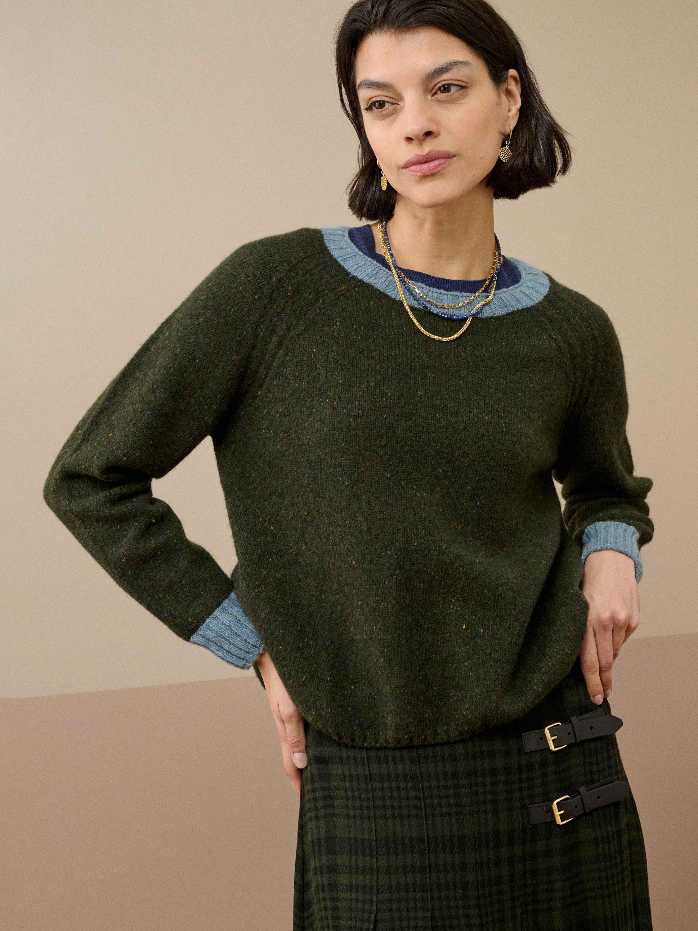 Product image 3 of 5, which shows Brora Colour Block Pure Wool Jumper, Loden/Nimbus, 8-10