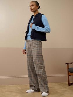 Brora Check Wide Leg Pure Wool Trousers, Delft/Copper, Delft/Copper