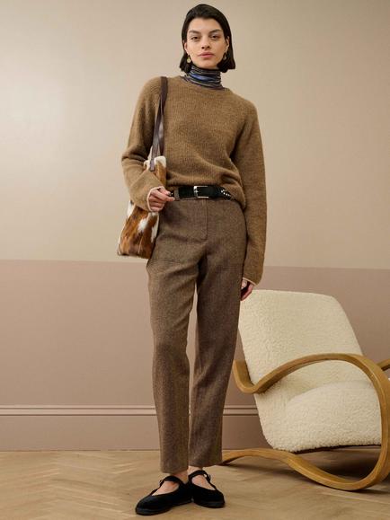 Brora Wool Herringbone Tapered Trousers, Chocolate/Ash