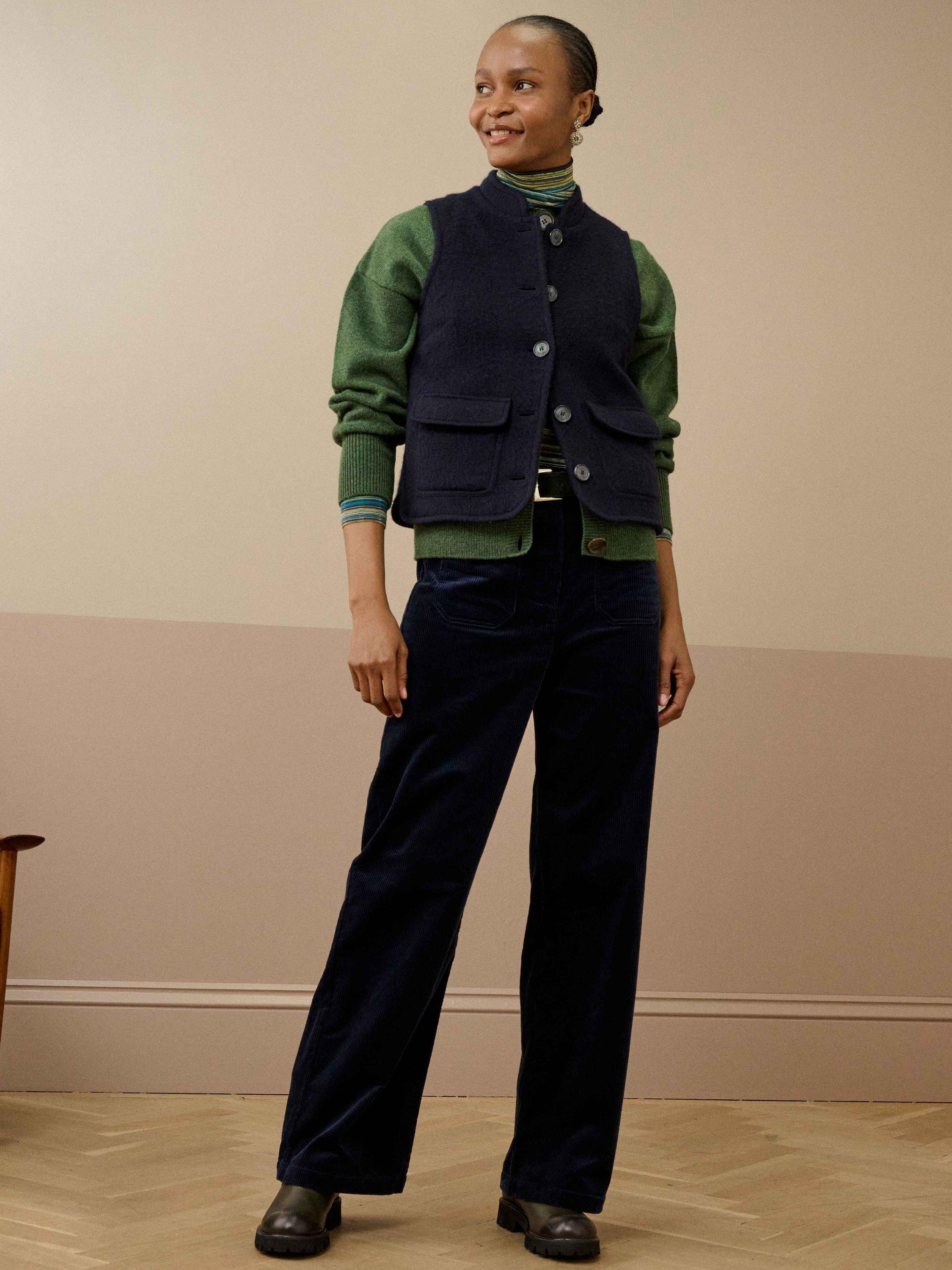 Product image 1 of 5, which shows Brora Cotton Corduroy Straight Cut Trousers, Midnight, 14