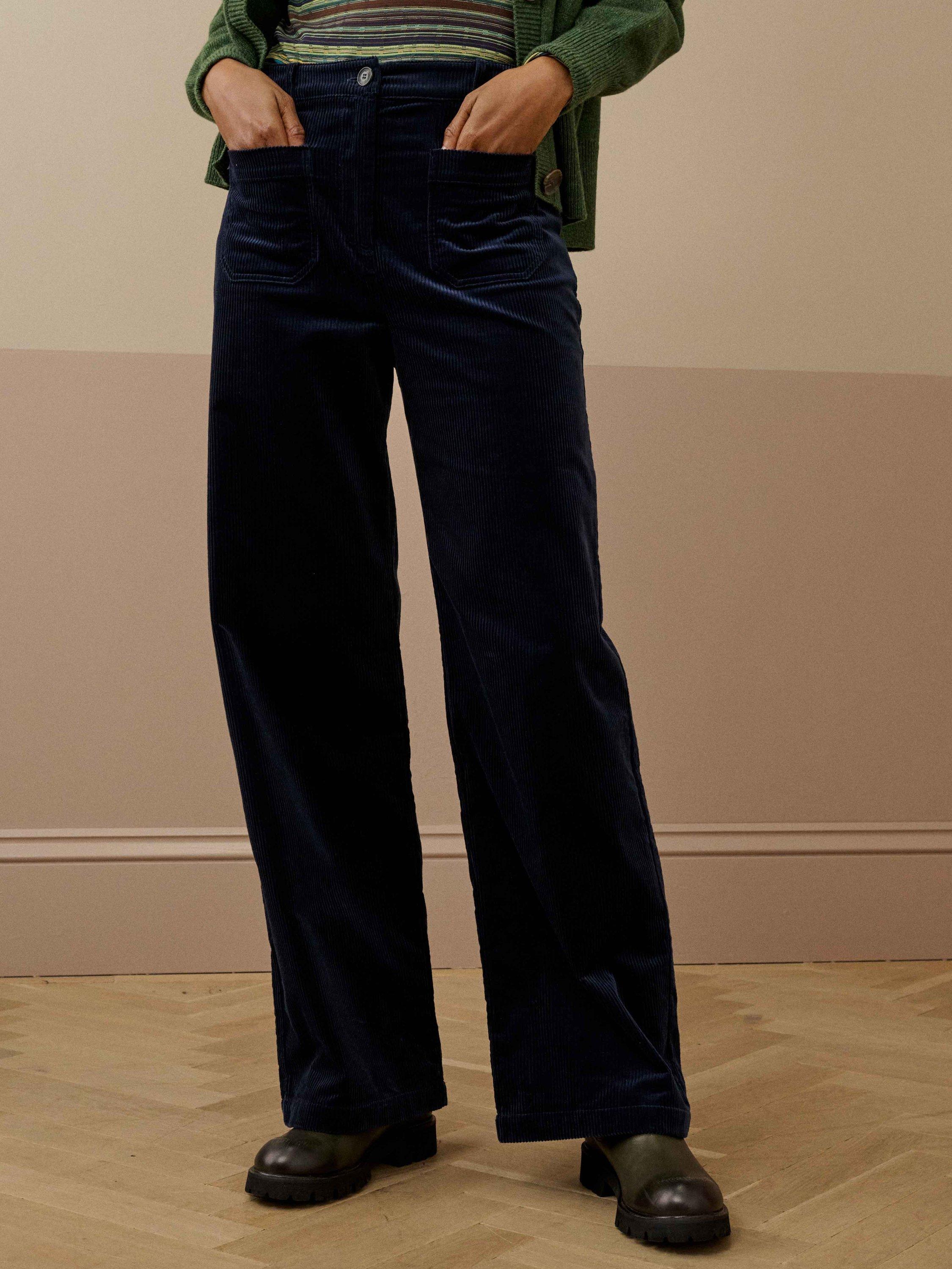 Product image 2 of 5, which shows Brora Cotton Corduroy Straight Cut Trousers, Midnight, 14