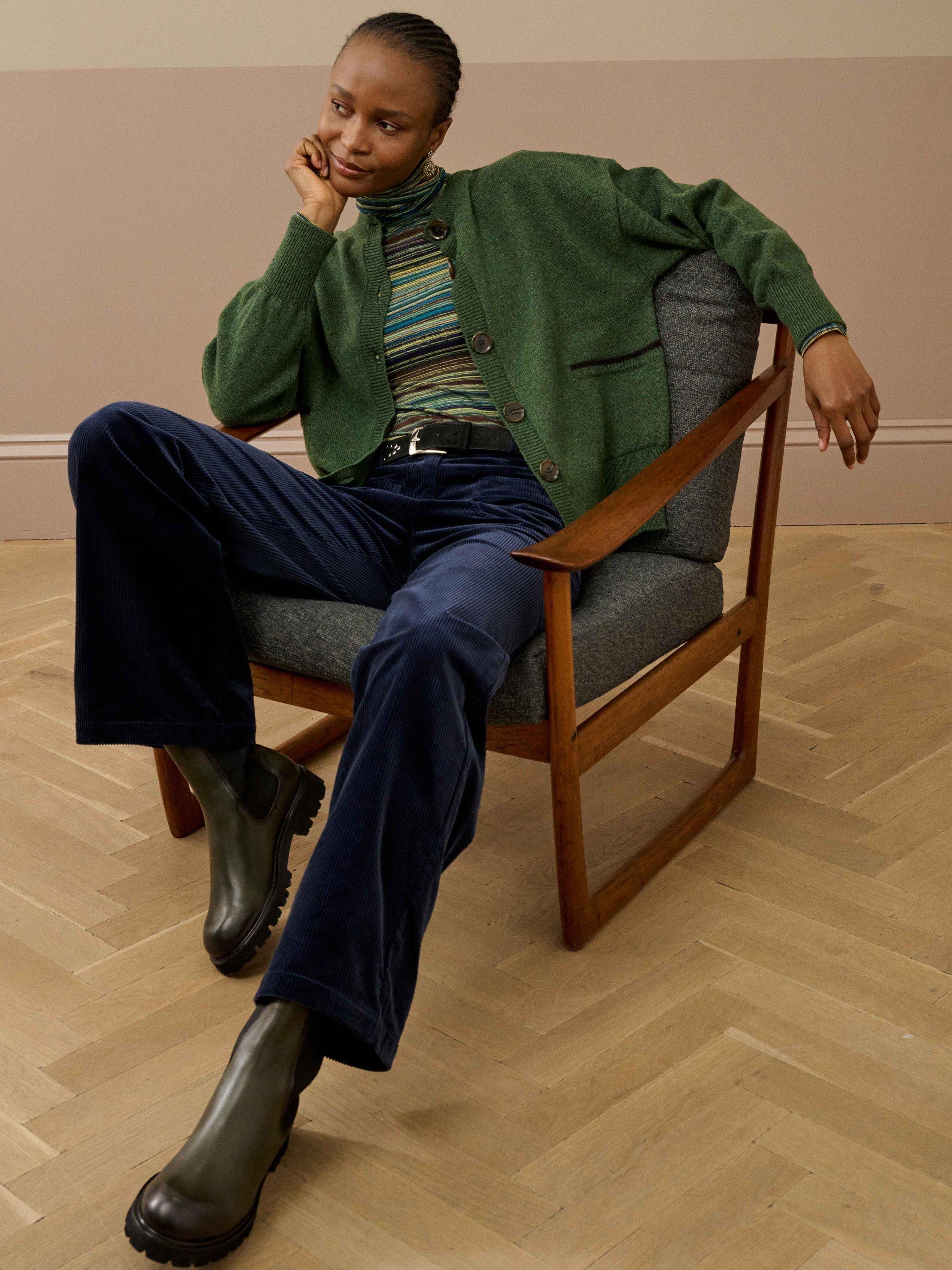 Product image 3 of 5, which shows Brora Cotton Corduroy Straight Cut Trousers, Midnight, 14