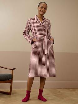 Brora Cotton Silk Trim Gingham Dressing Gown, Mulberry/Shell, Mulberry/Shell
