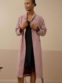 Brora Cotton Silk Trim Gingham Dressing Gown, Mulberry/Shell - view 2, Mulberry/Shell