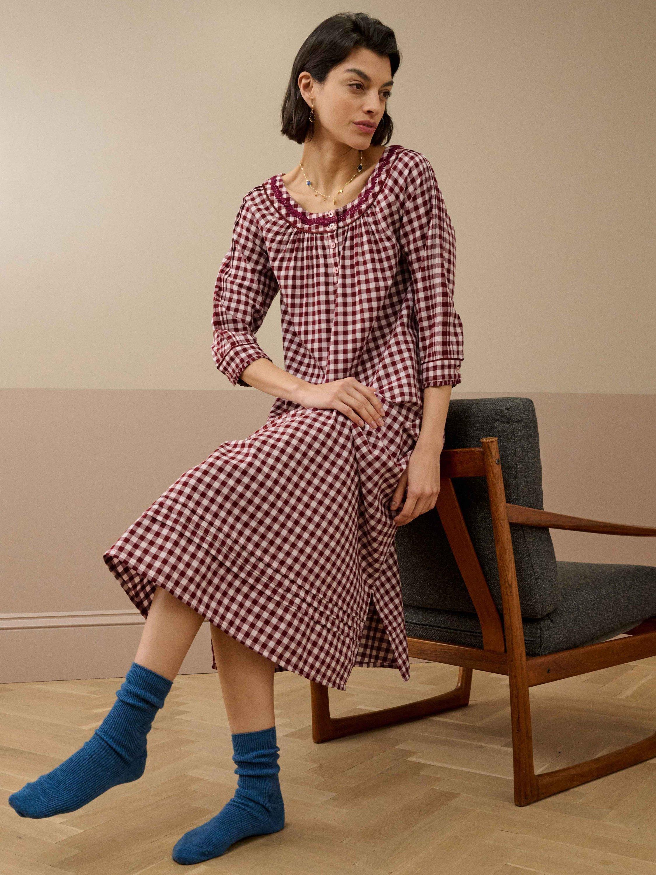 Brora Cotton Silk Trim Gingham Nightdress, Mulberry/Shell