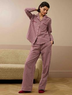 Brora Cotton Silk Trim Gingham Pyjama Set, Mulberry/Shell, Mulberry/Shell