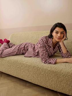 Brora Cotton Silk Trim Gingham Pyjama Set, Mulberry/Shell - view 2, Mulberry/Shell