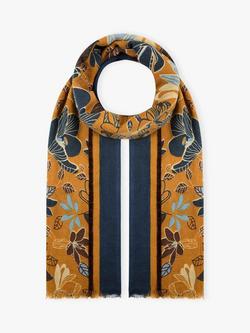 Brora Botanical Floral Pure Wool Stole, Ochre/Navy, Ochre/Navy