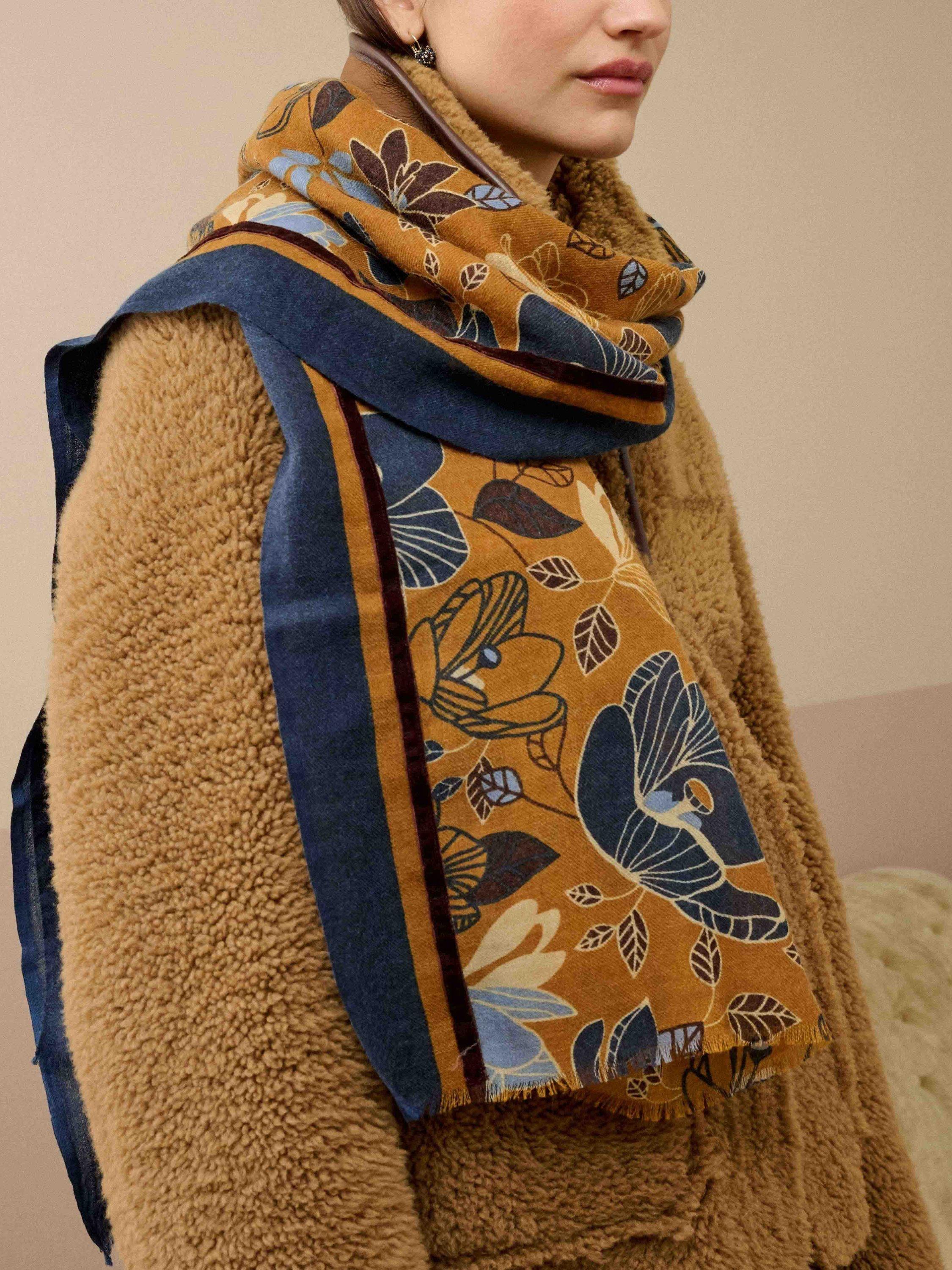 Product image 2 of 2, which shows Brora Botanical Floral Pure Wool Stole, Ochre/Navy, One Size