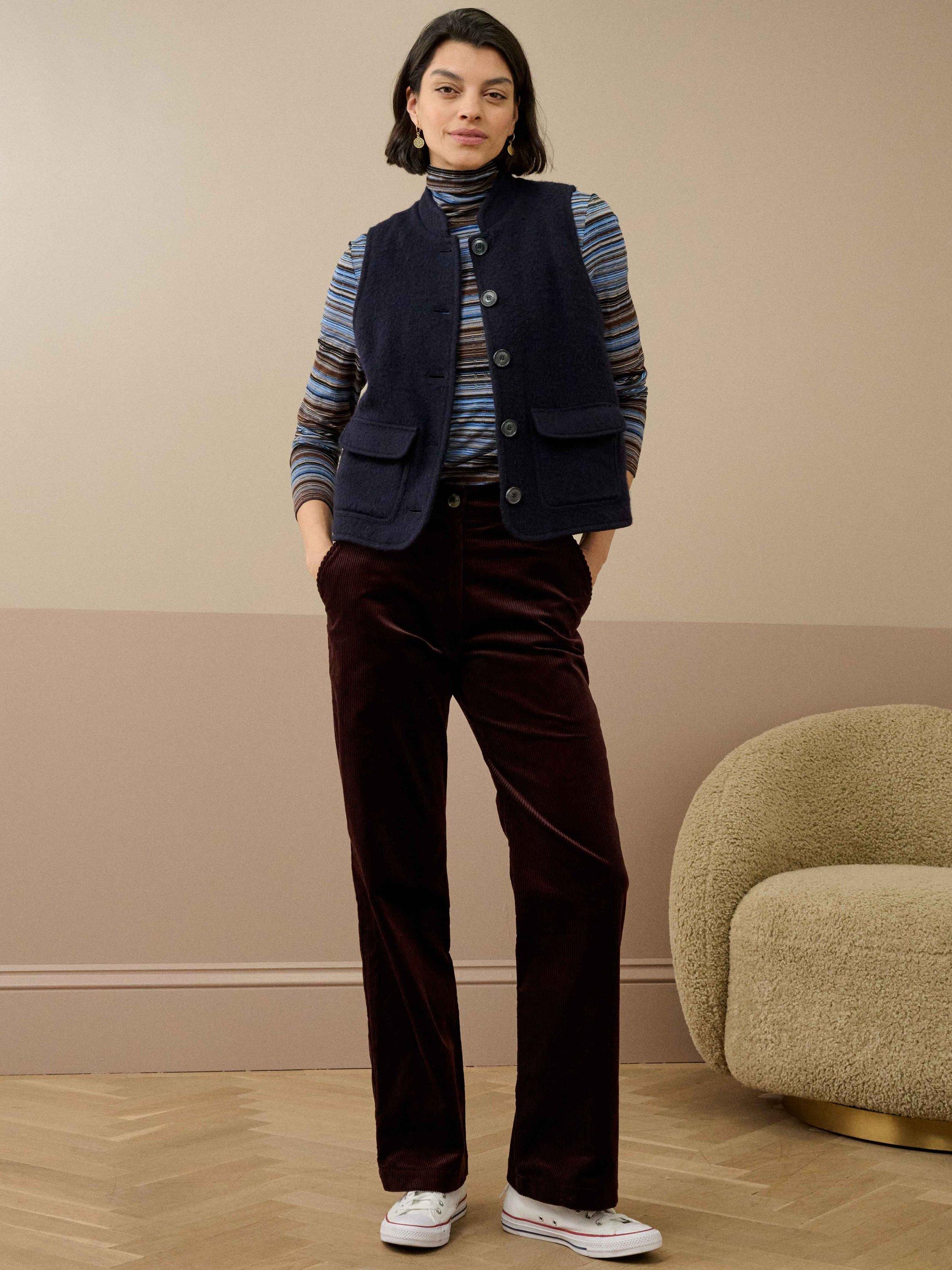 Product image 2 of 5, which shows Brora Fine Stripe Jersey Polo Top, Dusk/Chocolate, 6