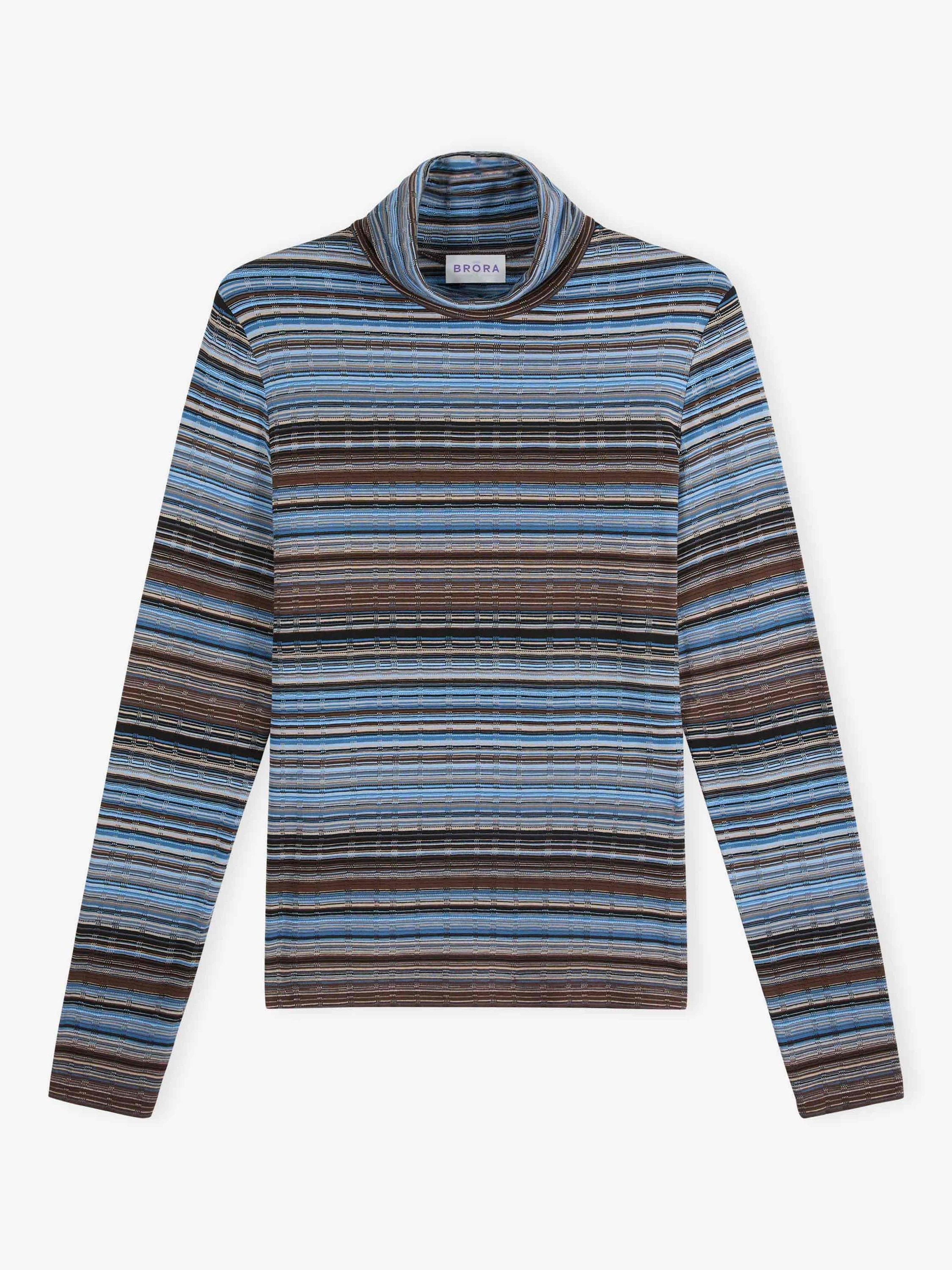 Product image 5 of 5, which shows Brora Fine Stripe Jersey Polo Top, Dusk/Chocolate, 6