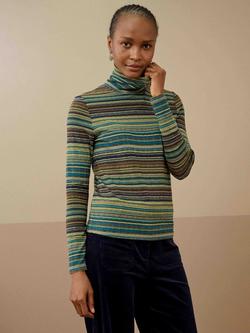 Brora Fine Stripe Jersey Polo Top, Sage/Catkin