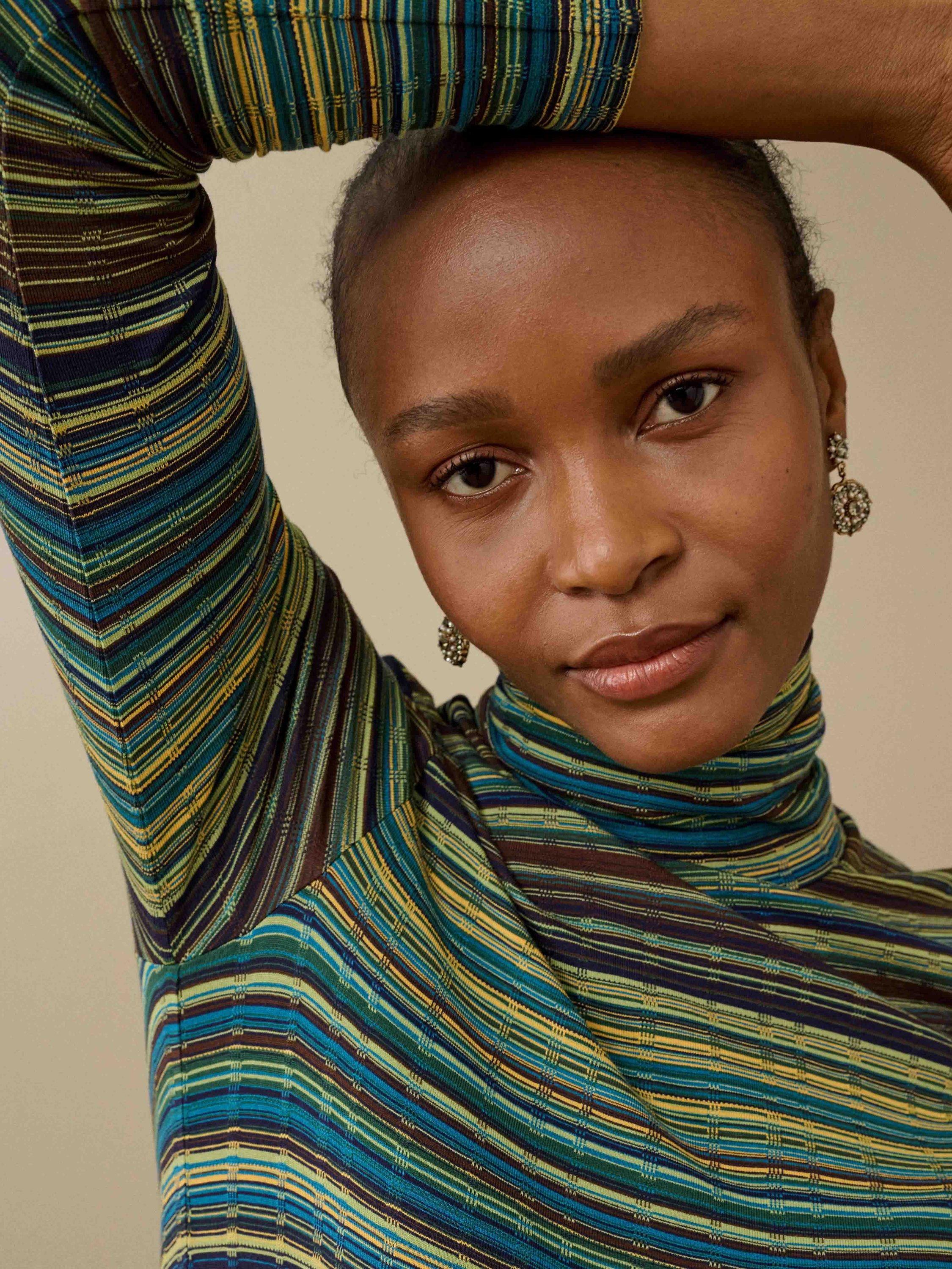 Product image 4 of 5, which shows Brora Fine Stripe Jersey Polo Top, Sage/Catkin, 6