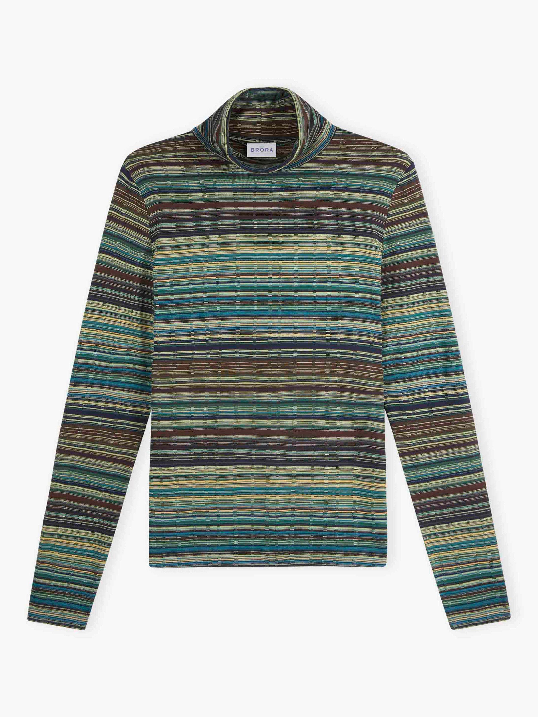 Product image 5 of 5, which shows Brora Fine Stripe Jersey Polo Top, Sage/Catkin, 6
